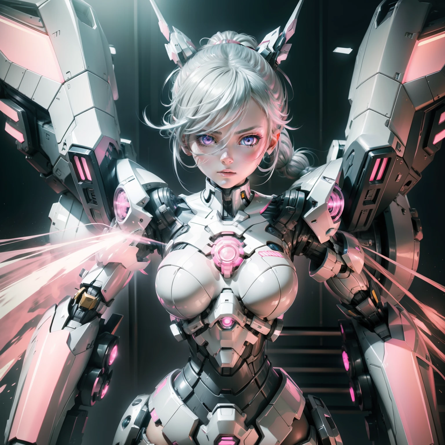 mecha-girl,Silver-white mech,Pink high double ponytail,eBlue eyes,Best quality,Anatomically correct,Background bokeh,Delicate drifting face,Bust,Up