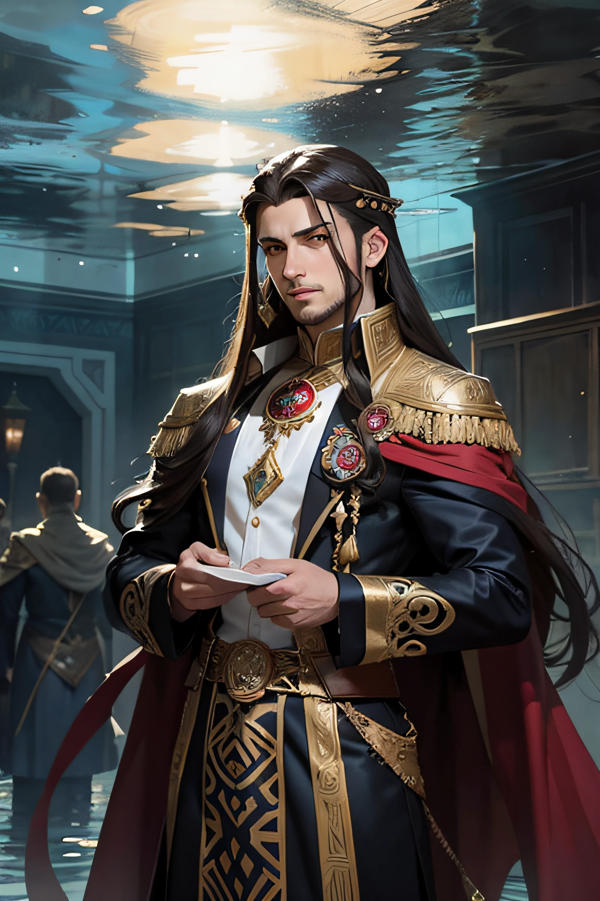 (art by Emerico Imre Toth:0.8) , concept art, wide shot of a Conceptual Islamic Harrison, detailed face, detailed eyes, wearing Alluring Nepalese Kofia, Sprawling hair, Short and messy hairstyle, Conscious Geass, Embarrassing, Agfacolor, under water