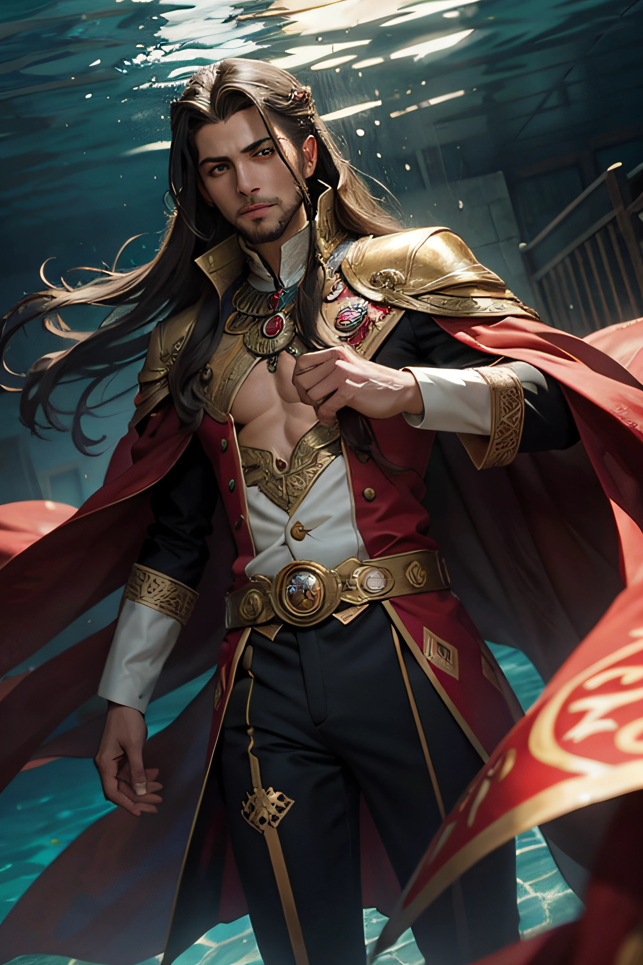 (art by Emerico Imre Toth:0.8) , concept art, wide shot of a Conceptual Islamic Harrison, detailed face, detailed eyes, wearing Alluring Nepalese Kofia, Sprawling hair, Short and messy hairstyle, Conscious Geass, Embarrassing, Agfacolor, under water