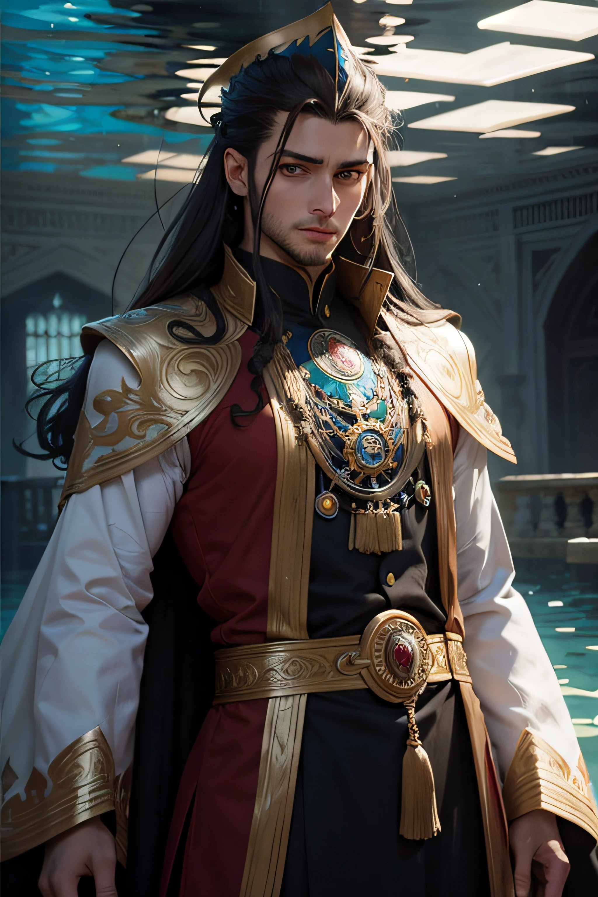 (art by Emerico Imre Toth:0.8) , concept art, wide shot of a Conceptual Islamic Harrison, detailed face, detailed eyes, wearing Alluring Nepalese Kofia, Sprawling hair, Short and messy hairstyle, Conscious Geass, Embarrassing, Agfacolor, under water