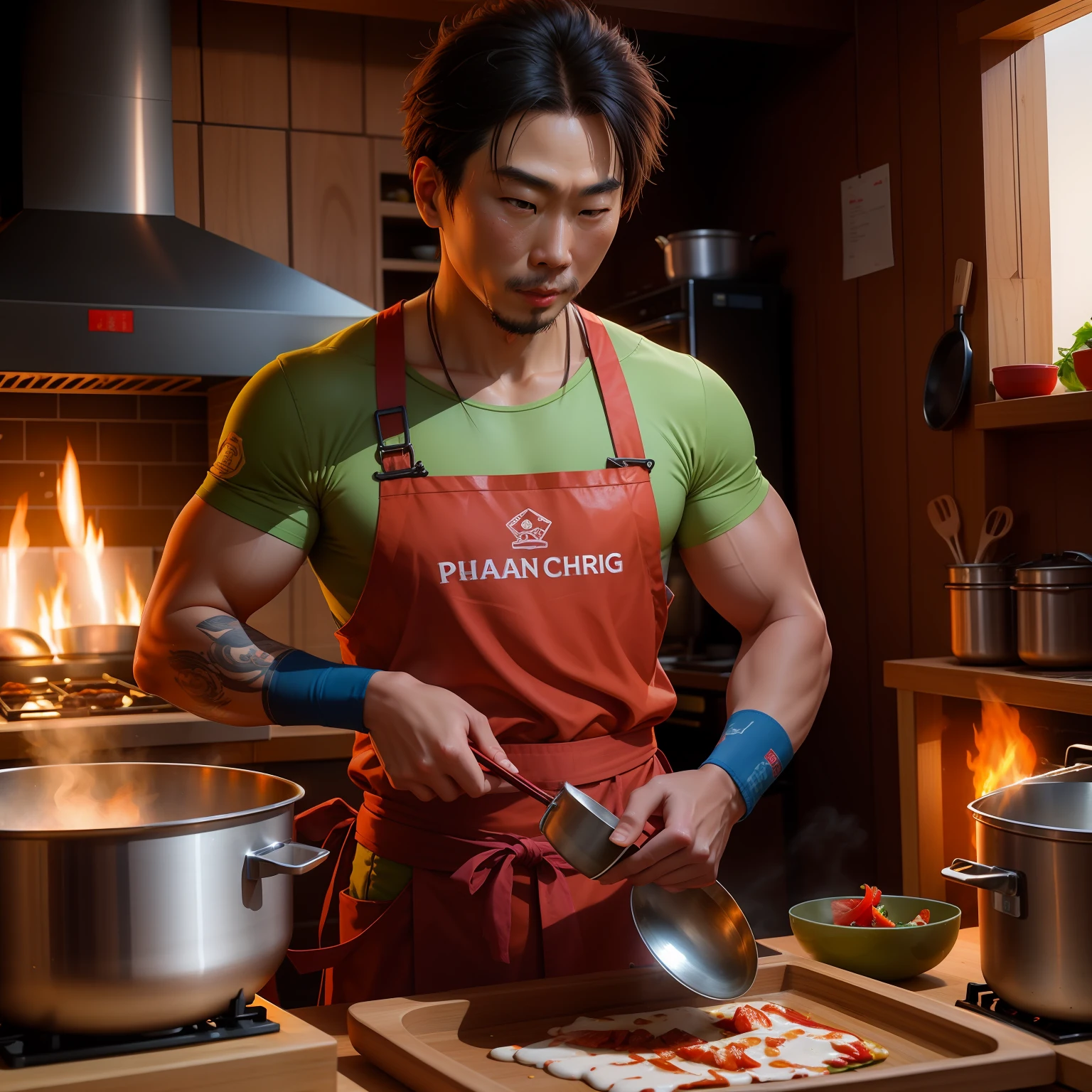 Guan Gong cooks in the kitchen