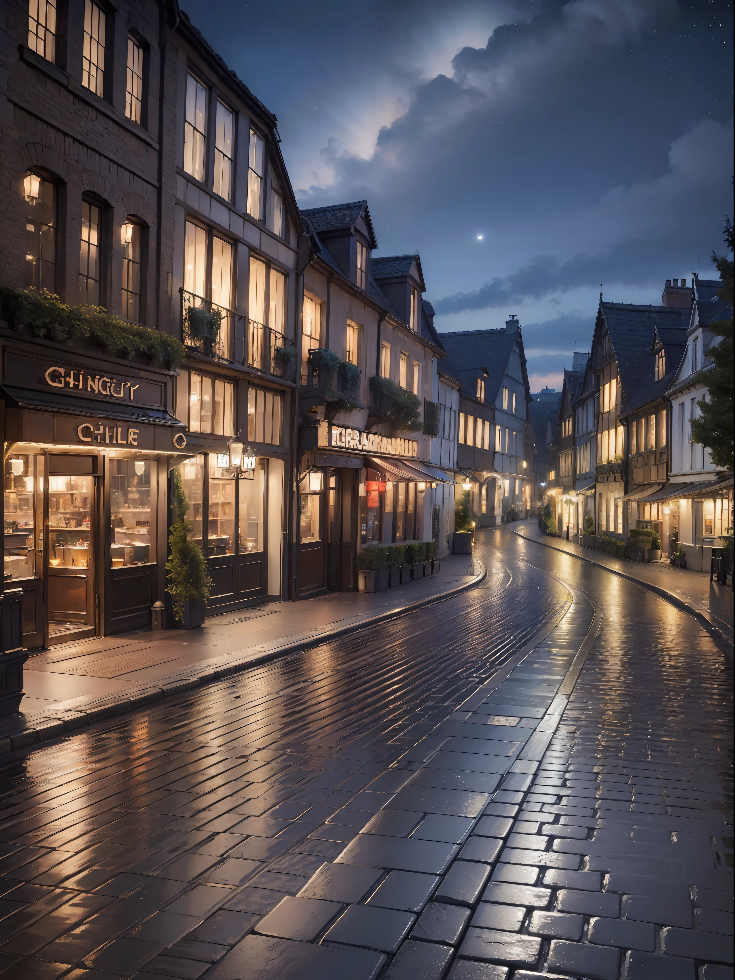 (((hight resolution)))、(in 8K)、 (((ighly detailed)))、(top-quality、​masterpiece:1.3)、((sharpnes))、ciinematic light、Retro cityscape of Europe、antique、The car is running、cobblestone road、nightcity、dark sky