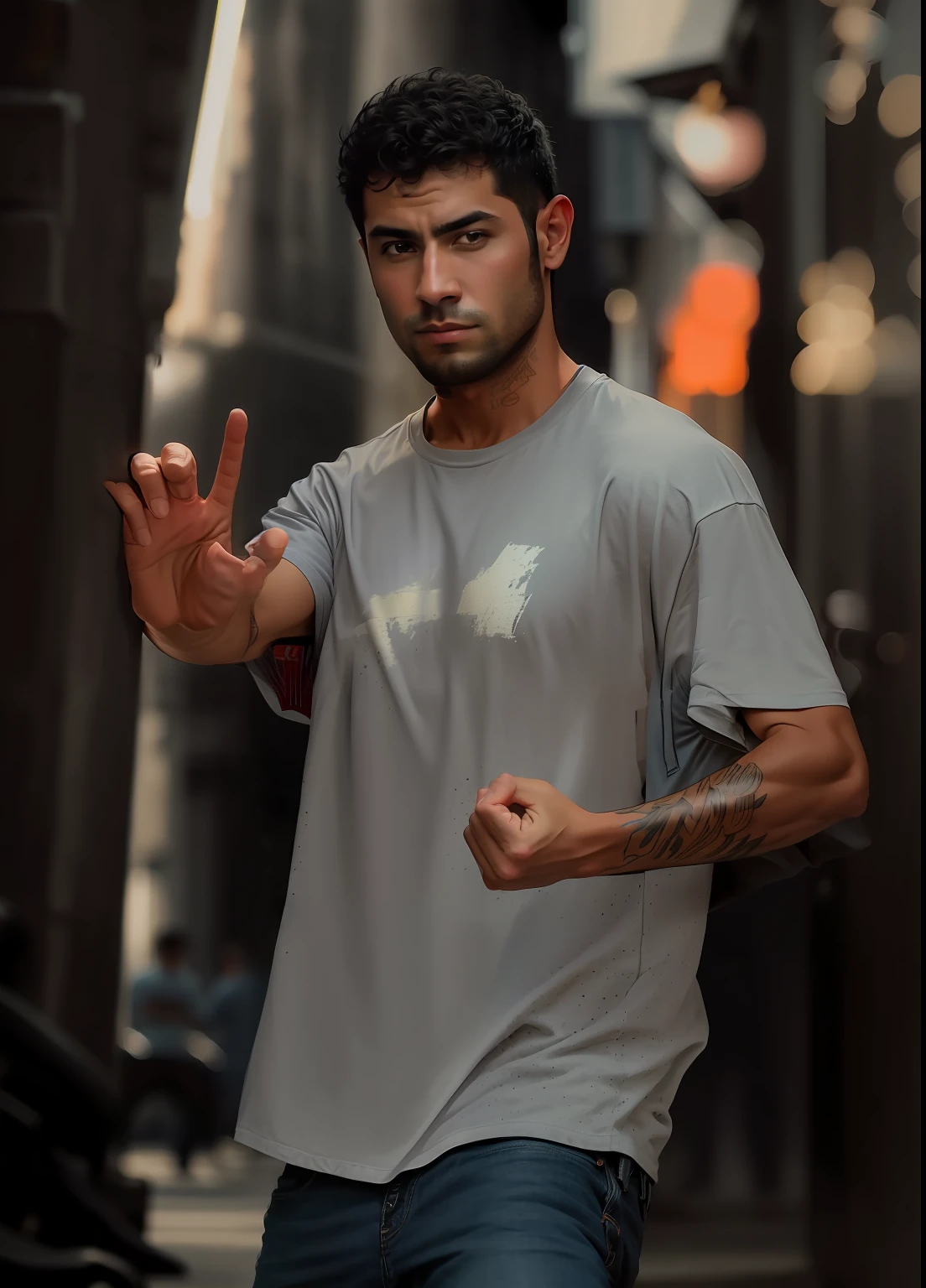 arafed man in a gray shirt and blue jeans is standing on a skateboard, fighting stance, in a fighting stance, in a fighting pose, fight pose, fighter pose, confident action pose, posing ready for a fight, an afghan male type, in an action pose, man standing in defensive pose, fighting pose, wearing a tee shirt and combats, cyborg, neon style, cinematic composition