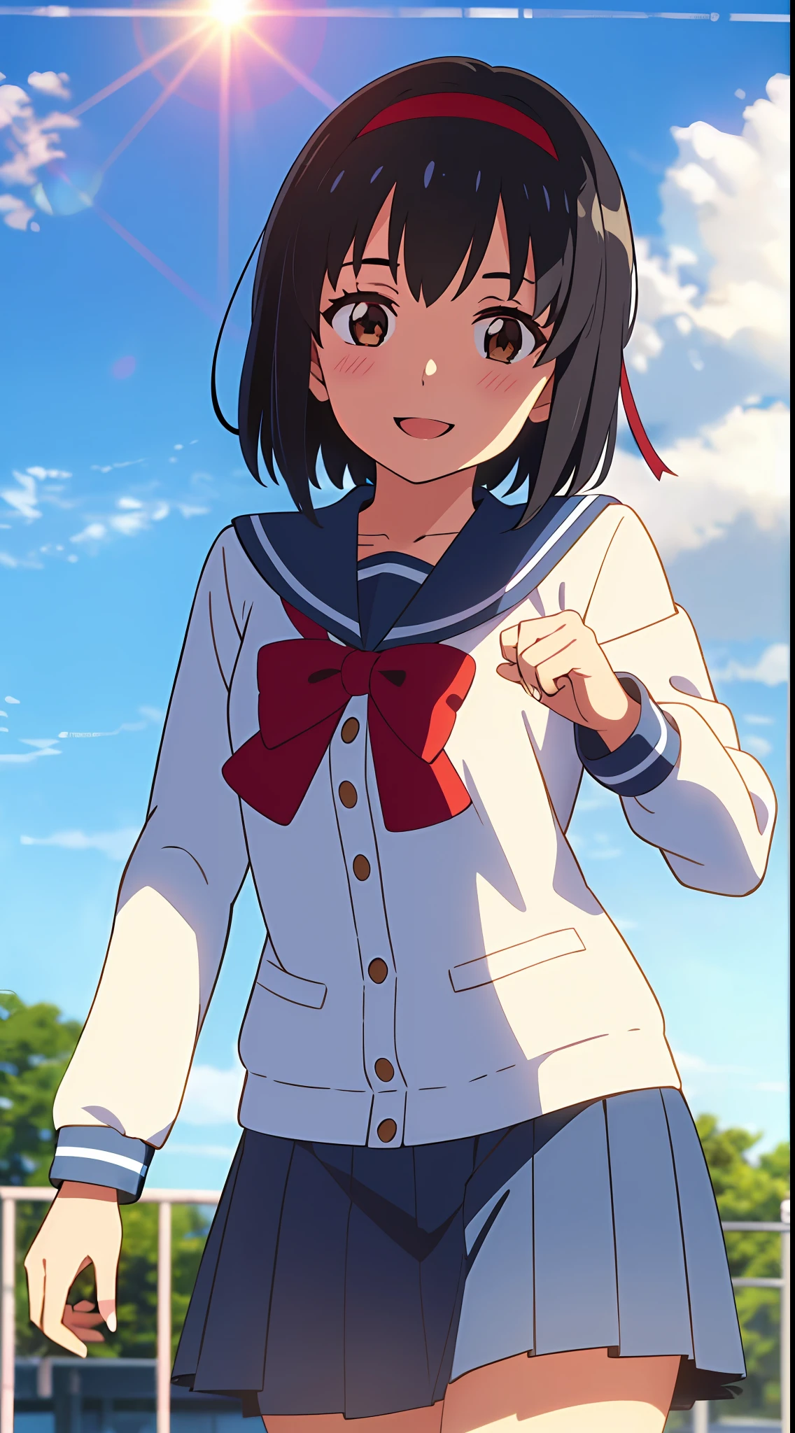 shinkai makoto, kimi no na wa., 1girl, bangs, black hair, blue sky, blush, brown eyes, cloudy_sky, sailor collar, blue sailor collar, sailor color, white sailor color, serafuku, looking at the viewer, bow, red bow, headband, red headband, ribbon, red ribbon, school uniform, short hair, smile, cute, solo, shirt, blue skirt, Pleated Skirt, cardigans, yellow cardigan, long sleeves, smile, happy, open mouth, lens_flare, afternoon hangout