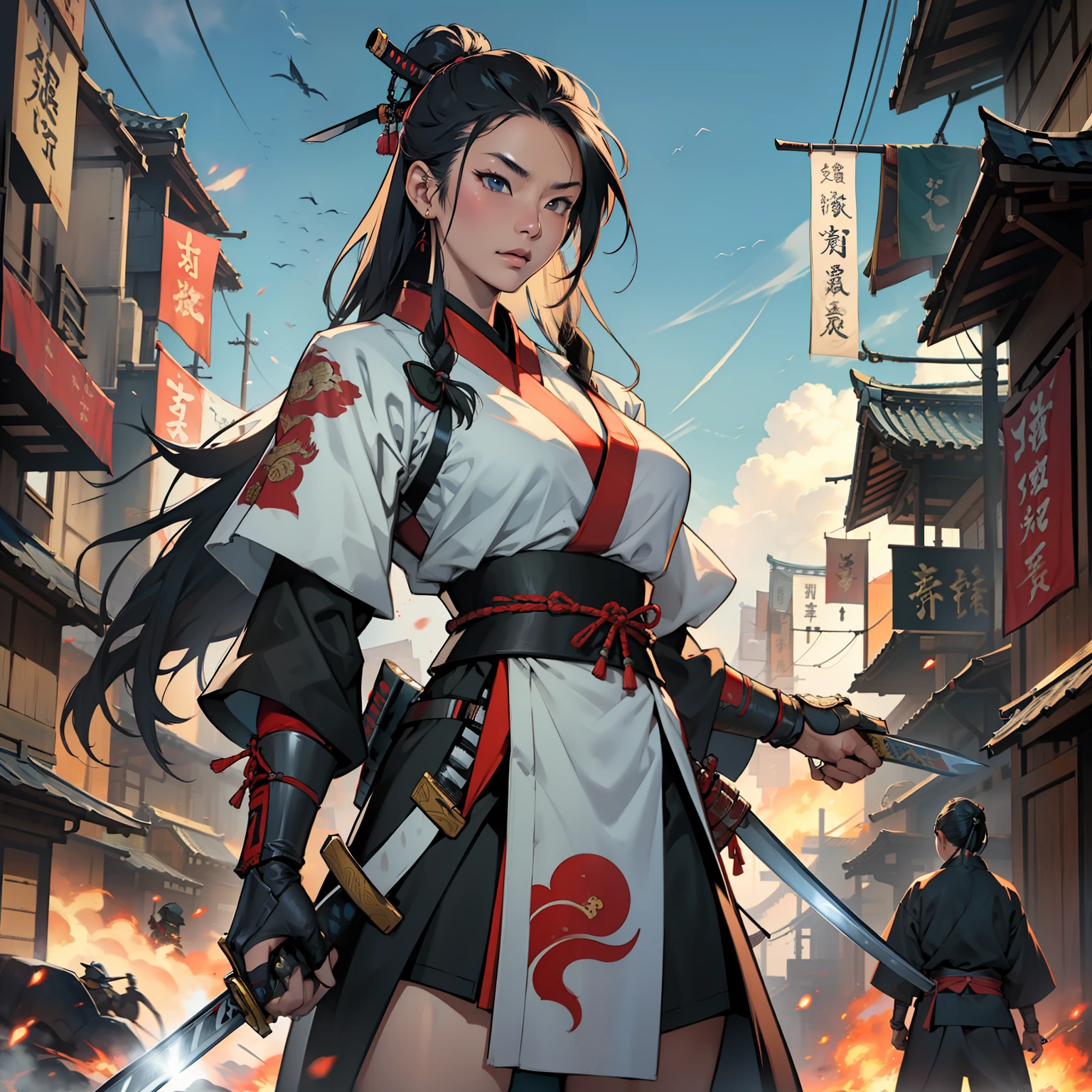 asian female, future, science fiction, huge robots, samurai, samurai action movie, katanas, swords, fight, fight, explosions