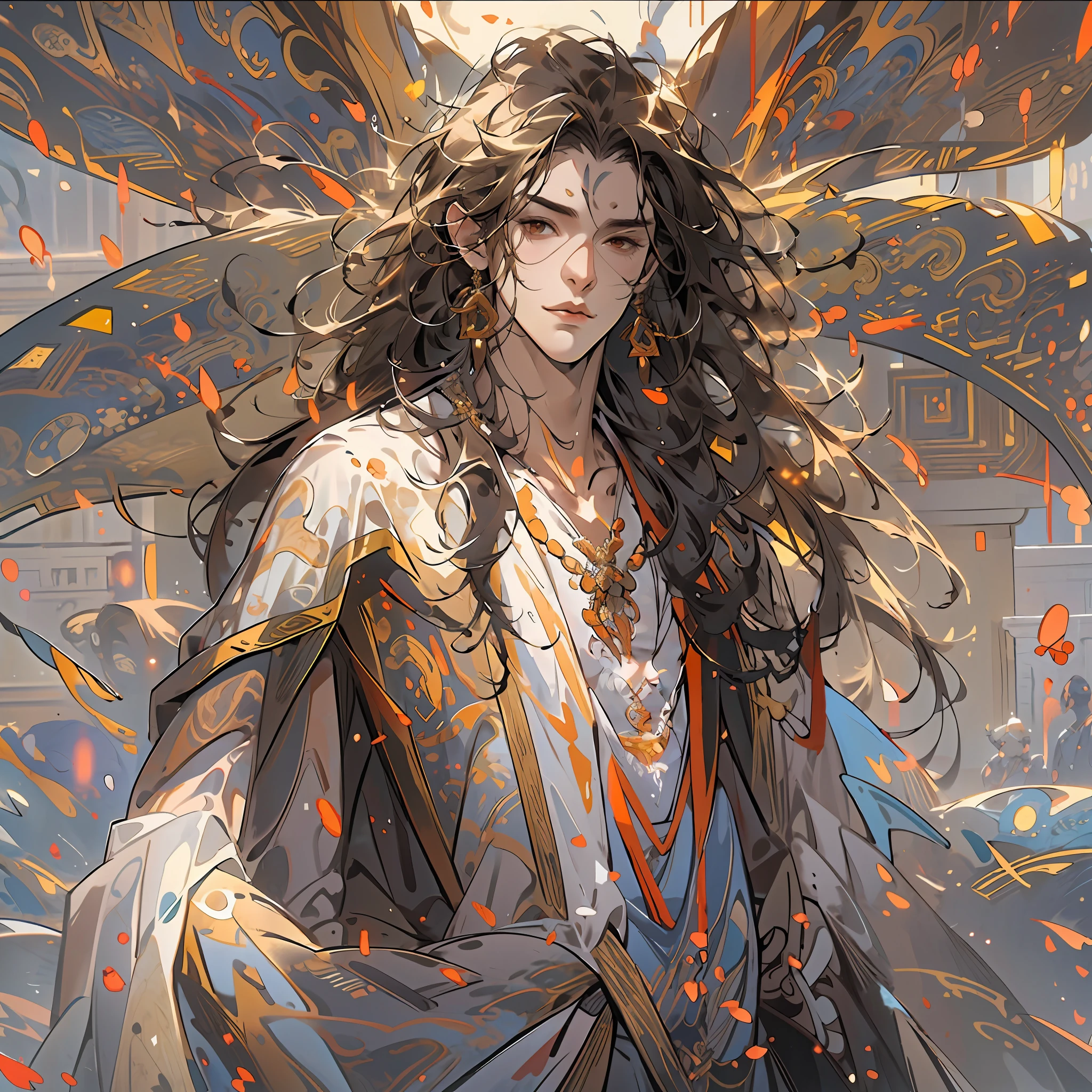 1boy ，Ancient fairy costumes，with brown eye ，Long flowing hair，cool guy，Clean face，Cool，Cold，Semi-realistic,Meticulous facial features,Wearing exquisite fairy costumes,NSFW,tmasterpiece,Need,super-fine,best qualtiy，Unreal 5，rendering by octane