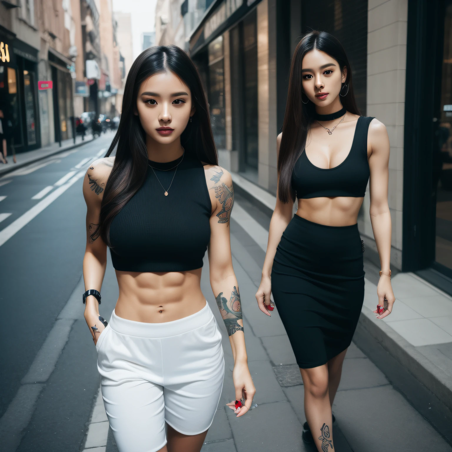 best quality, masterpiece, highres, 1girl, Beautiful face, photorealistic, 8k, UHD, long hair, arm tattoos, tattooed, toned abs, Asian, female, dark skin, wearing smart casual clothes, busy city street, (high detailed skin:1.2), 8k uhd, dslr, high quality, candid, Photograph, high resolution, 4k, 8k, alone, one girl, she is wearing smart casual clothes, woman in smart casual wear, smart clothes, walking, walking down the street