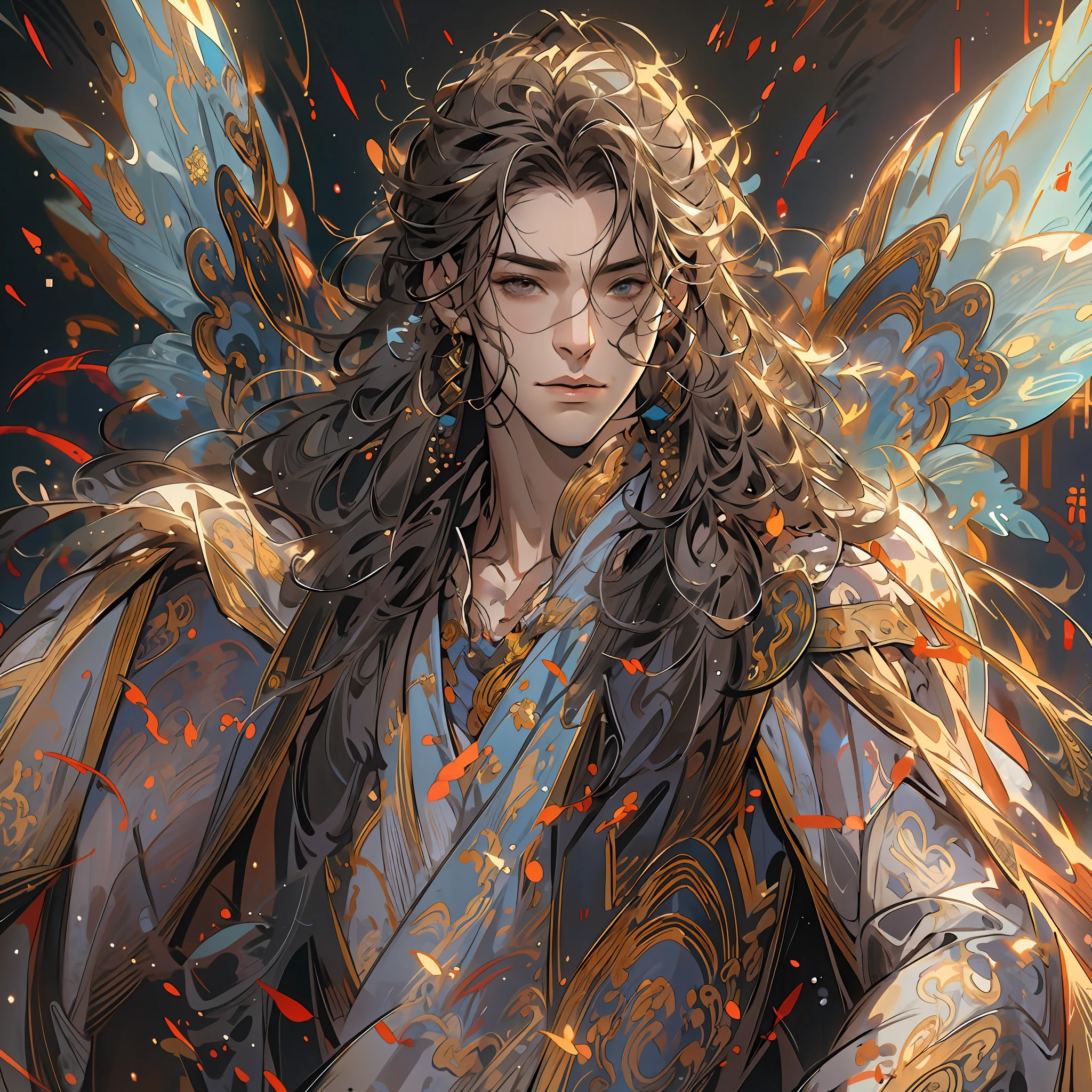 1boy ,Ancient fairy costumes,with brown eye ,Long flowing hair,cool guy,Clean face,Cool,Cold,Semi-realistic,Meticulous facial features,Wearing exquisite fairy costumes,NSFW,tmasterpiece,Need,super-fine,best qualtiy,Unreal 5,rendering by octane