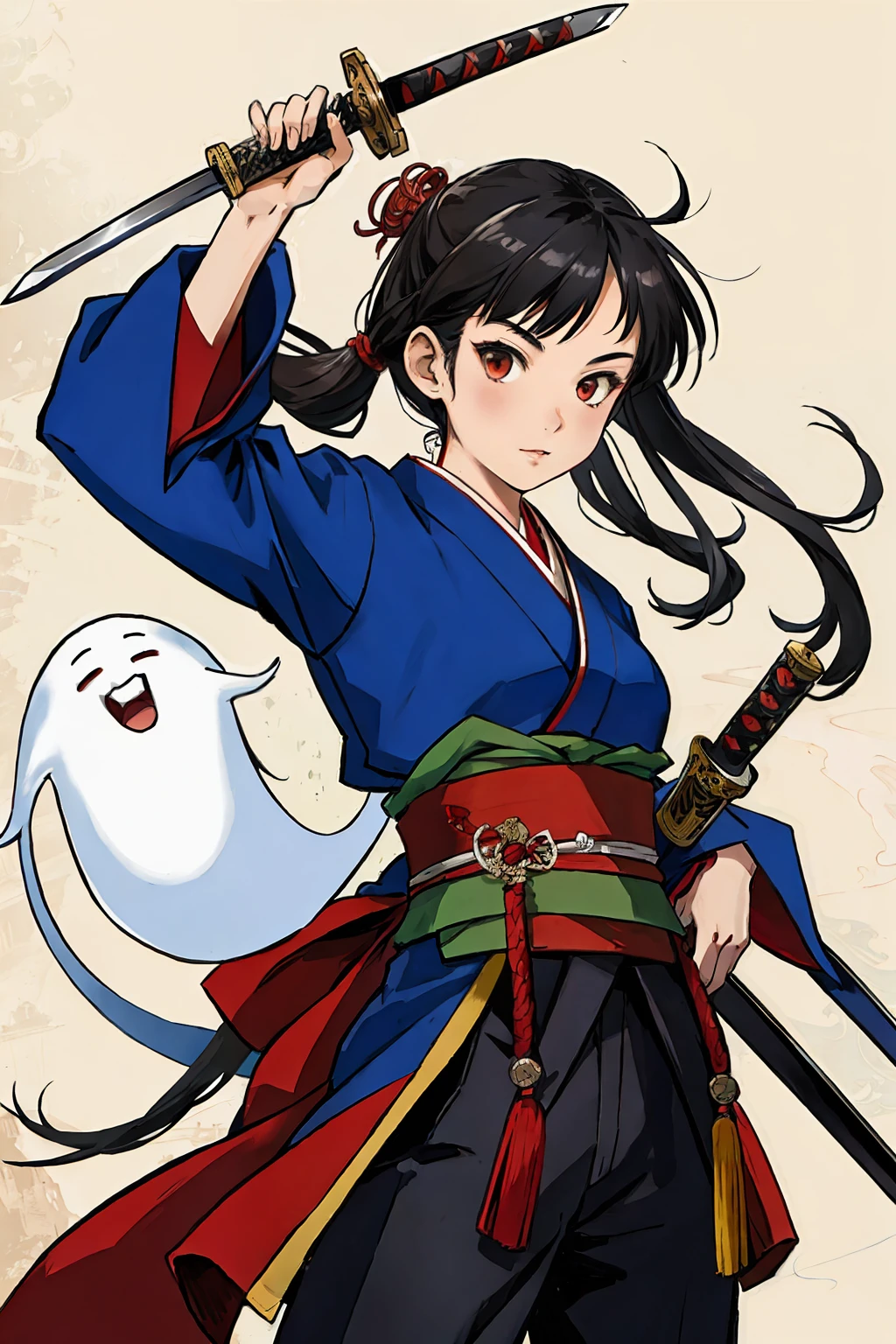 (best quality), detailed background, asian female,ghost man,combat arts, holding holding sword, oriental castle,oni, monster army