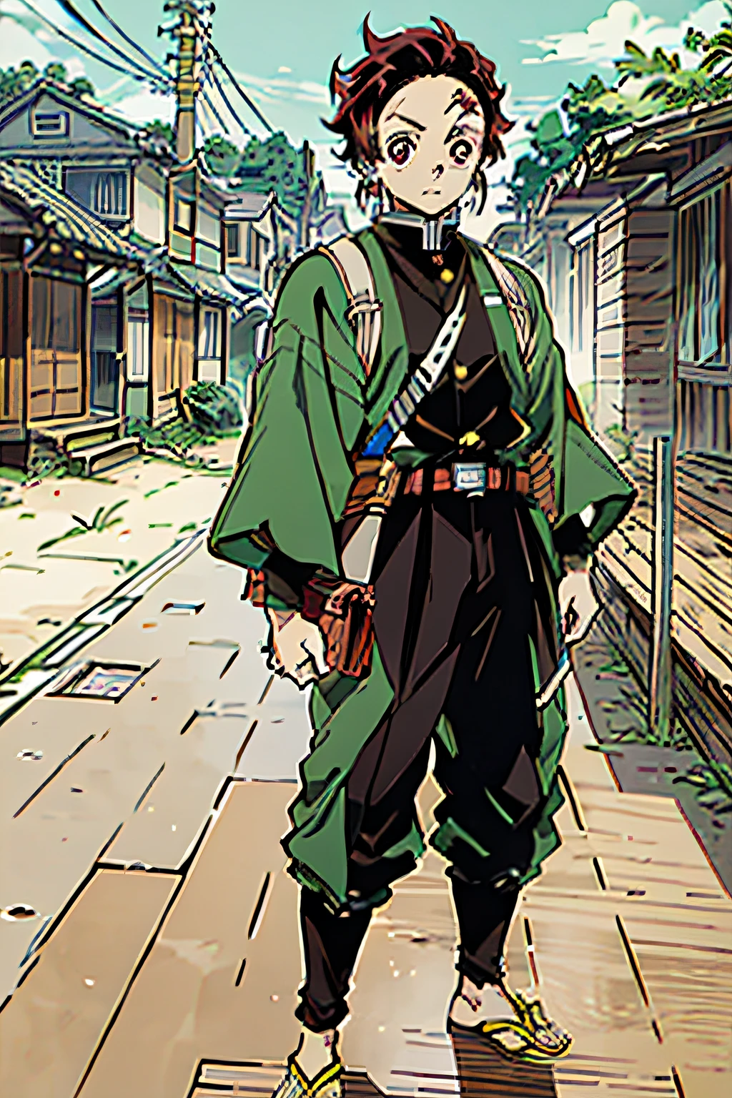 Outrageous resolution、hight resolution、(​masterpiece:1.4)、ultra-detailliert、1 juvenile、kimetsu no yaiba style, Kamado Tanjiro, demon slayer uniform, 1boy, Male Focus, arma,Knives , earrings, tusk, Jewelry, Pants, scar on forehead, Brown hair, Belt bag, Black pants, Komono, haori, green haori, Ron Haori、Solo, Red Eyes, Long sleeves, Anime coloring, (((masutepiece)),Carrying a wooden box on your back、Box of beans、natta
