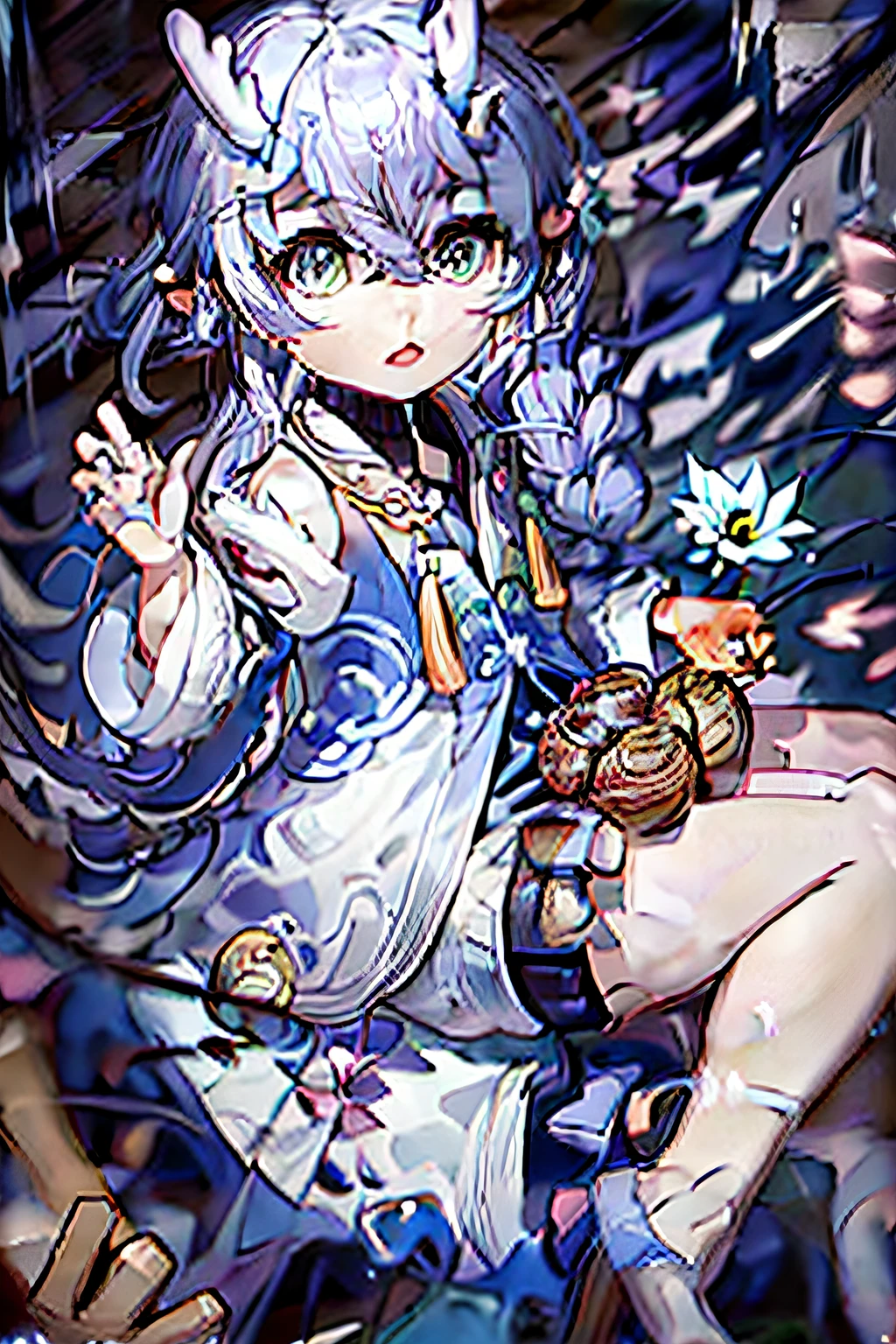 (Sitting), (bow), (Silver hair), (Short hair), (Light green eyes), hreat in the eyes, (four-petaled white flower hair ornament: 1.1), (Blush), bangs, (a girl in [(pyjamas):(((without socks))): 0.4] : 1.2), (bare shoulders​), 鎖骨, (White thighs: 1.2), frilly sleeves, looking at viewert, [(Night: 1.2), Peaceful, sky, ((full moon)),stars, house, City, (in a courtyard), water dripping,pond,(near pond), tree, flower request, Wind: : 0.6 ], (lridescent light refraction), (Floating pink petals: 1.2), Dreamer