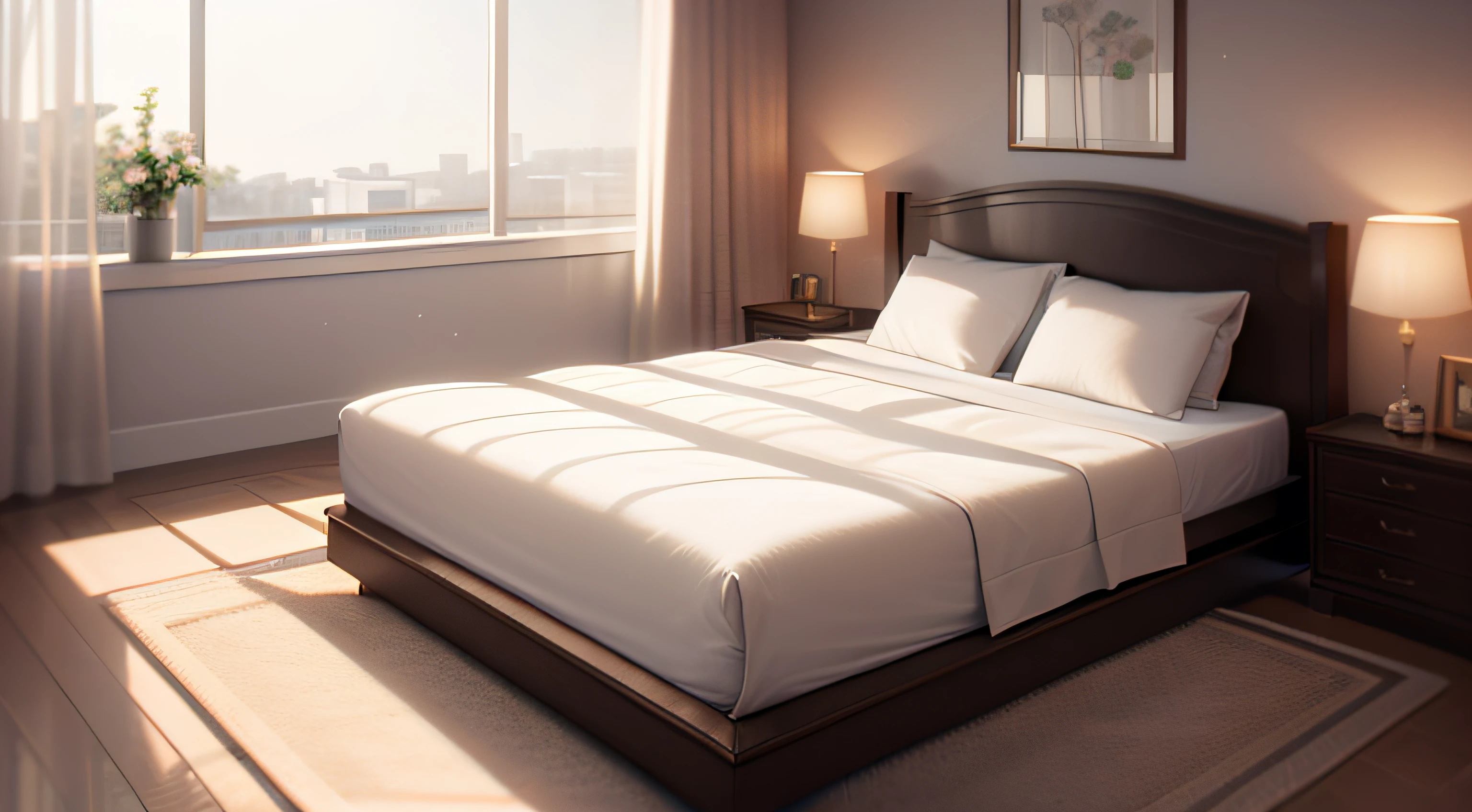 ((best qualtiy, 8k, tmasterpiece:1.3)), Close-up of a bed in the room with a blanket on it, Bed room, Beds are made, Can see the other bedrooms, bed on the right, small bedroom, Bed, White bed, inside bedroom, high quality rendering, vray 8k render, cream - colored room, leaked image, 8k vray render