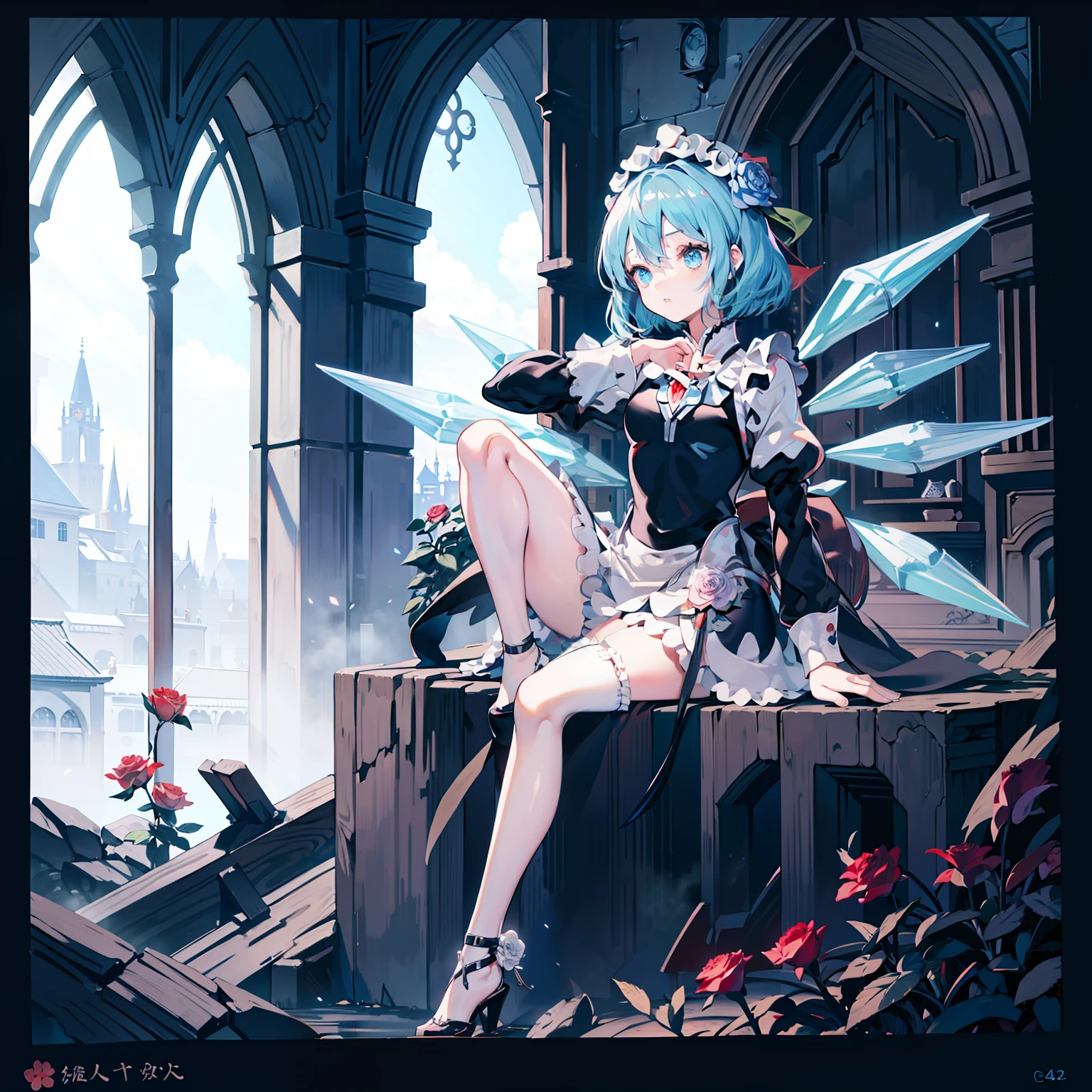 Illustration of Cirno in a maid costume, masutepiece, Fine details, 4K, 8K, 12K, Solo, One Person, Beautiful Girl, caucasian female, M-shaped legs、Cirno、Black Maid Outfit、lots of ruffles、Rose flower、in a house