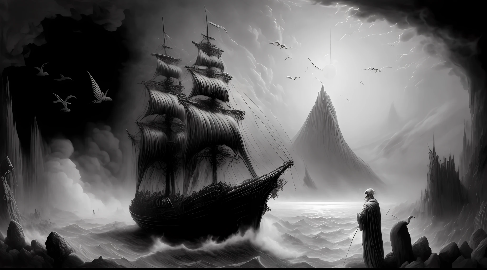 gustave dore(Gustave Dor)Black and white painting on a ship in the ocean,In the background is a big mountain