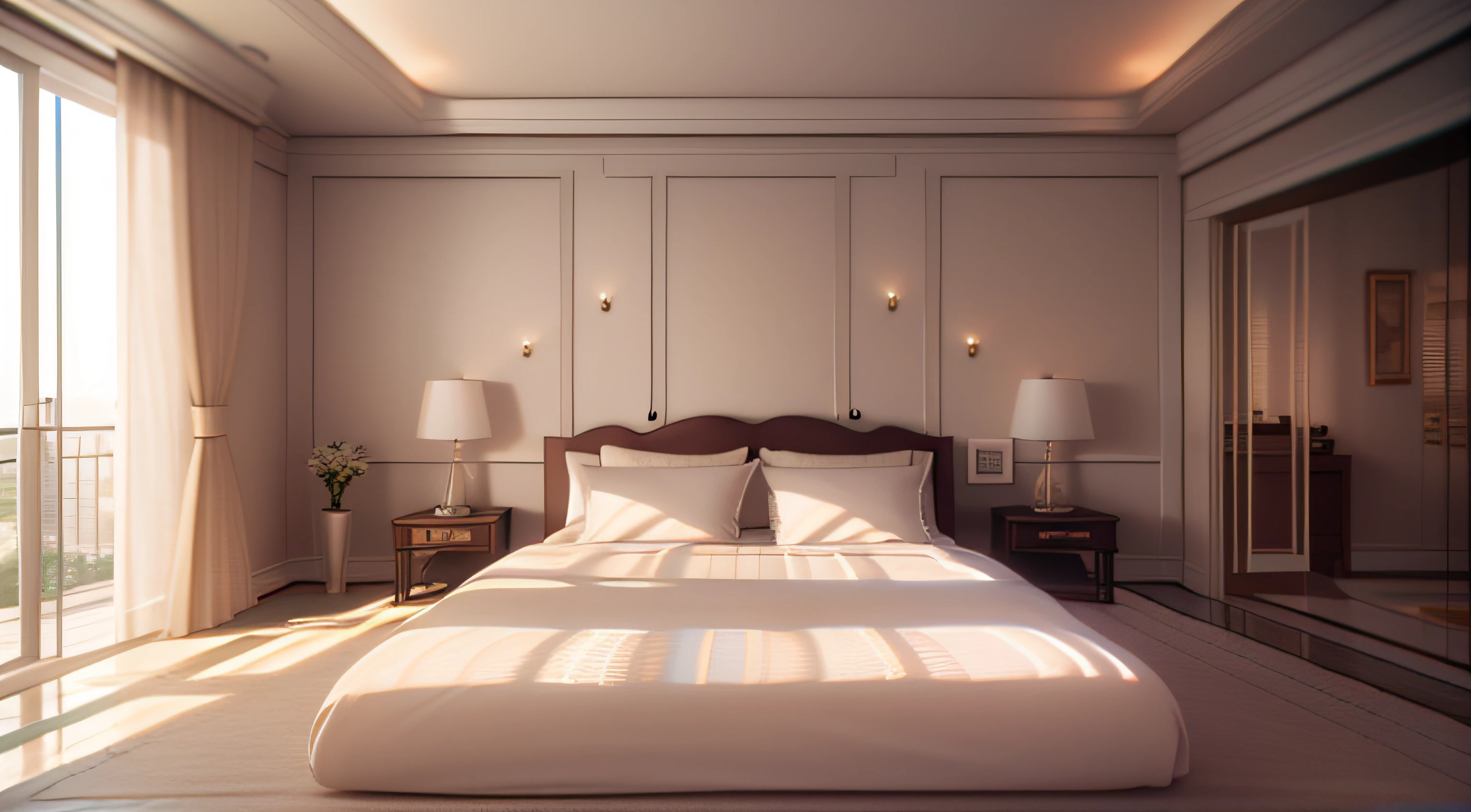 ((best qualtiy，8K，tmasterpiece))Close-up of a bed in the room with a blanket on it, Bed room, bed is not made, Can see the other bedrooms, bed on the right, small bedroom, Bed, White bed, inside bedroom, high quality rendering, vray 8k render, cream - colored room, leaked image, 8k vray render