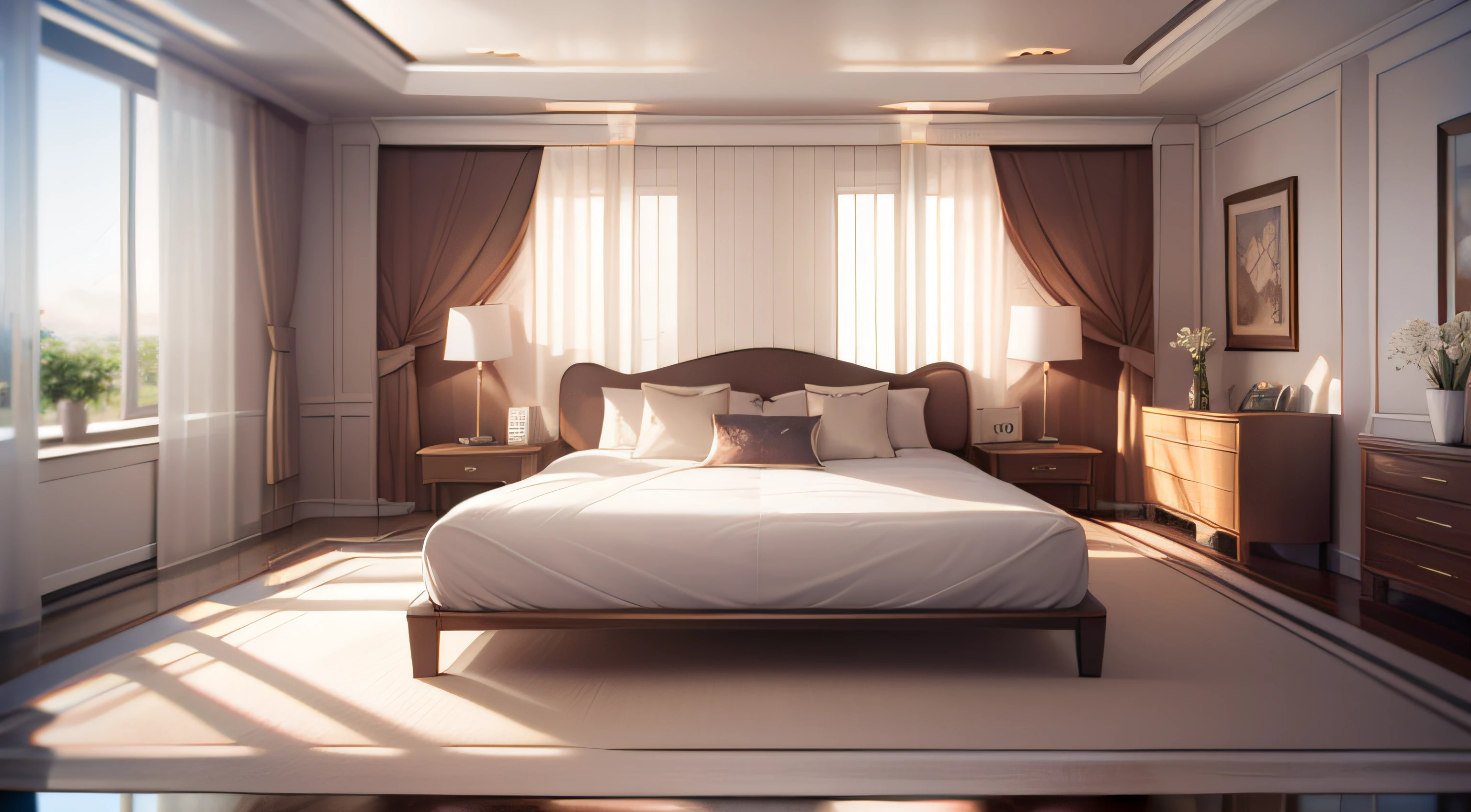 ((best qualtiy，8K，tmasterpiece))Close-up of a bed in the room with a blanket on it, Bed room, bed is not made, Can see the other bedrooms, bed on the right, small bedroom, Bed, White bed, inside bedroom, high quality rendering, vray 8k render, cream - colored room, leaked image, 8k vray render