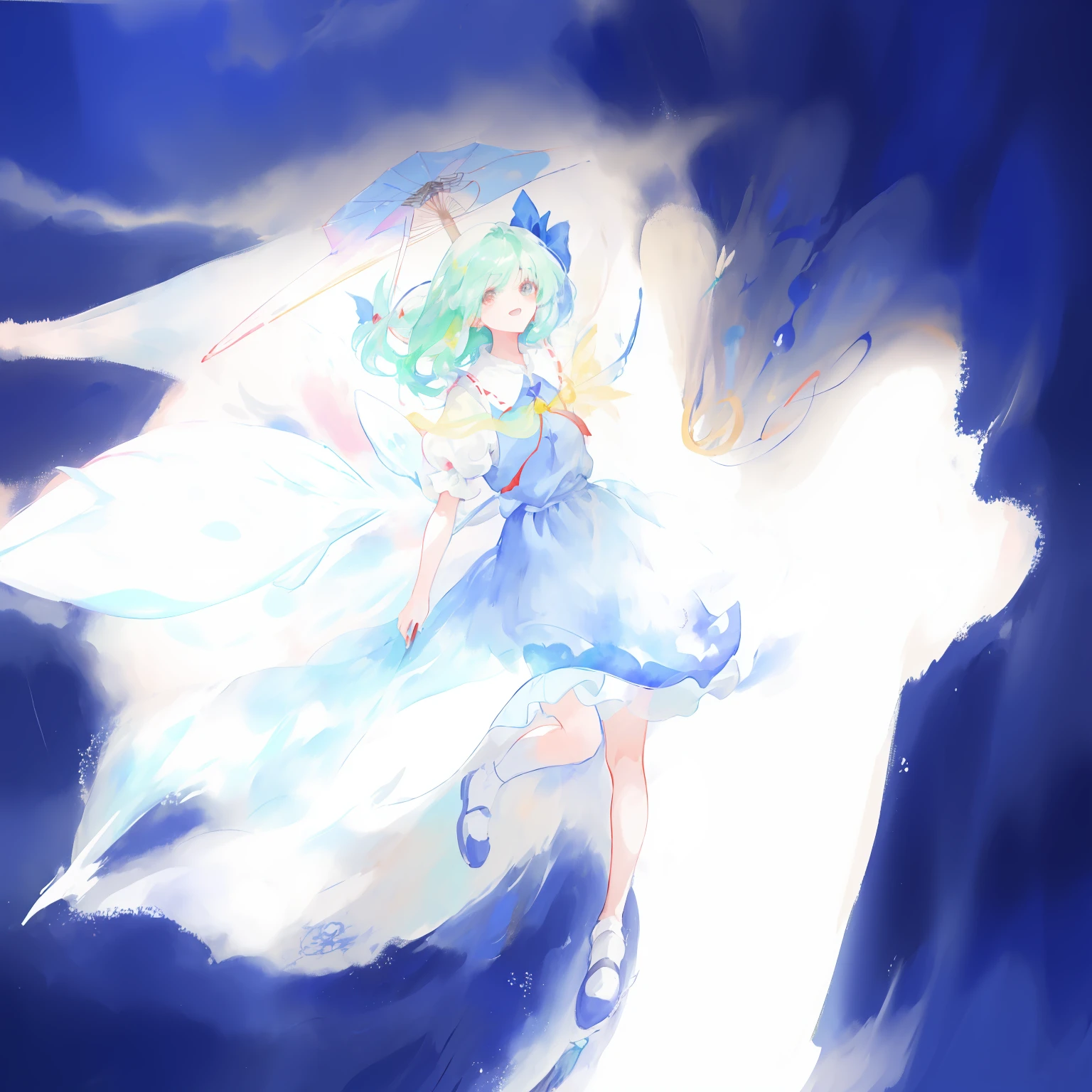 A woman in a white dress and an umbrella is painted in the wind, zerochan art, cirno touhou, cirno from touhou, cirno, Anime Paintings, Spirited, Soft anime illustration, from touhou, author：Nanmi Morikage, author：Uesaka Seka, zerochan, ((aquarelle)), drawn in anime painter studio