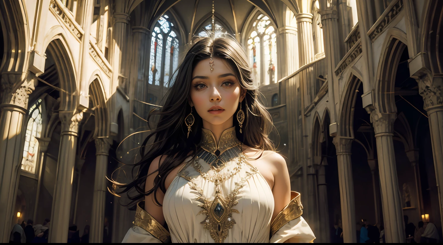 Very beautiful woman with Moroccan caftan covers her entire body,Seems stern and ruthless, Starrysky,Aile,mythe, Solemn atmosphere, Description of the Ultrra precise pointer, photoreallistic, super detail, Masterpiece, Best quality, A high resolution, 8k,CHURCHES,Huge cross,Symboles mystiques