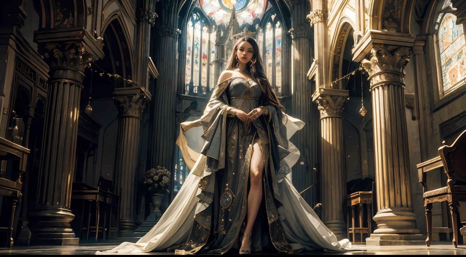 Very beautiful woman with Moroccan caftan covers her entire body,Seems stern and ruthless, Starrysky,Aile,mythe, Solemn atmosphere, Description of the Ultrra precise pointer, photoreallistic, super detail, Masterpiece, Best quality, A high resolution, 8k,CHURCHES,Huge cross,Symboles mystiques
