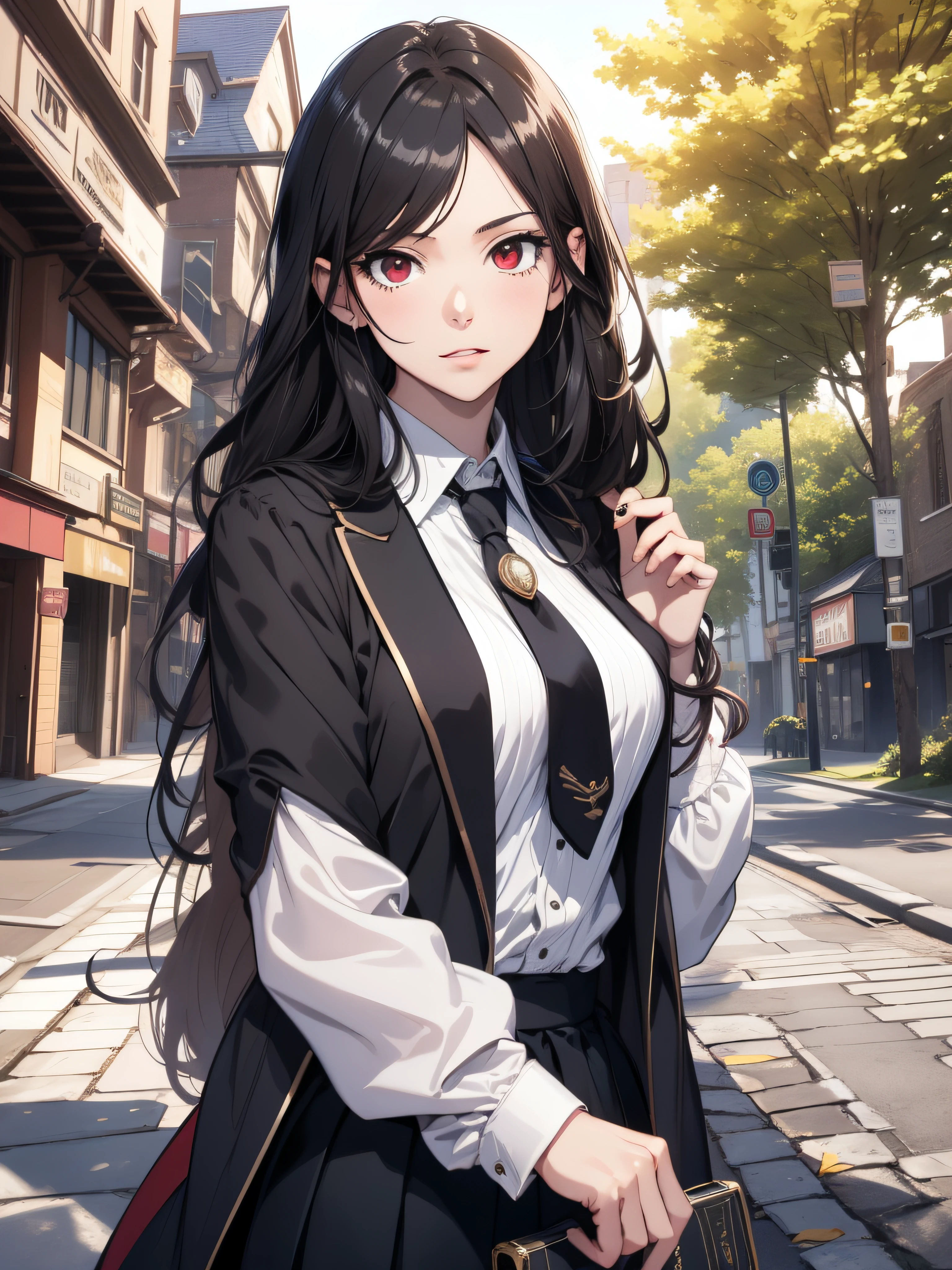 (best quality, masterpiece, ultra-detailed, extremely detailed, highres), (1girl, single, solo), 18 years old Anime girl, long raven hair, slightly wavy hair, parted bangs, Magus, red eyes, long black coat, necktie, white shirt, black skirt, aristocrat, noble attire, beautiful, ethereal, elegant, prestigious, classic, royal building