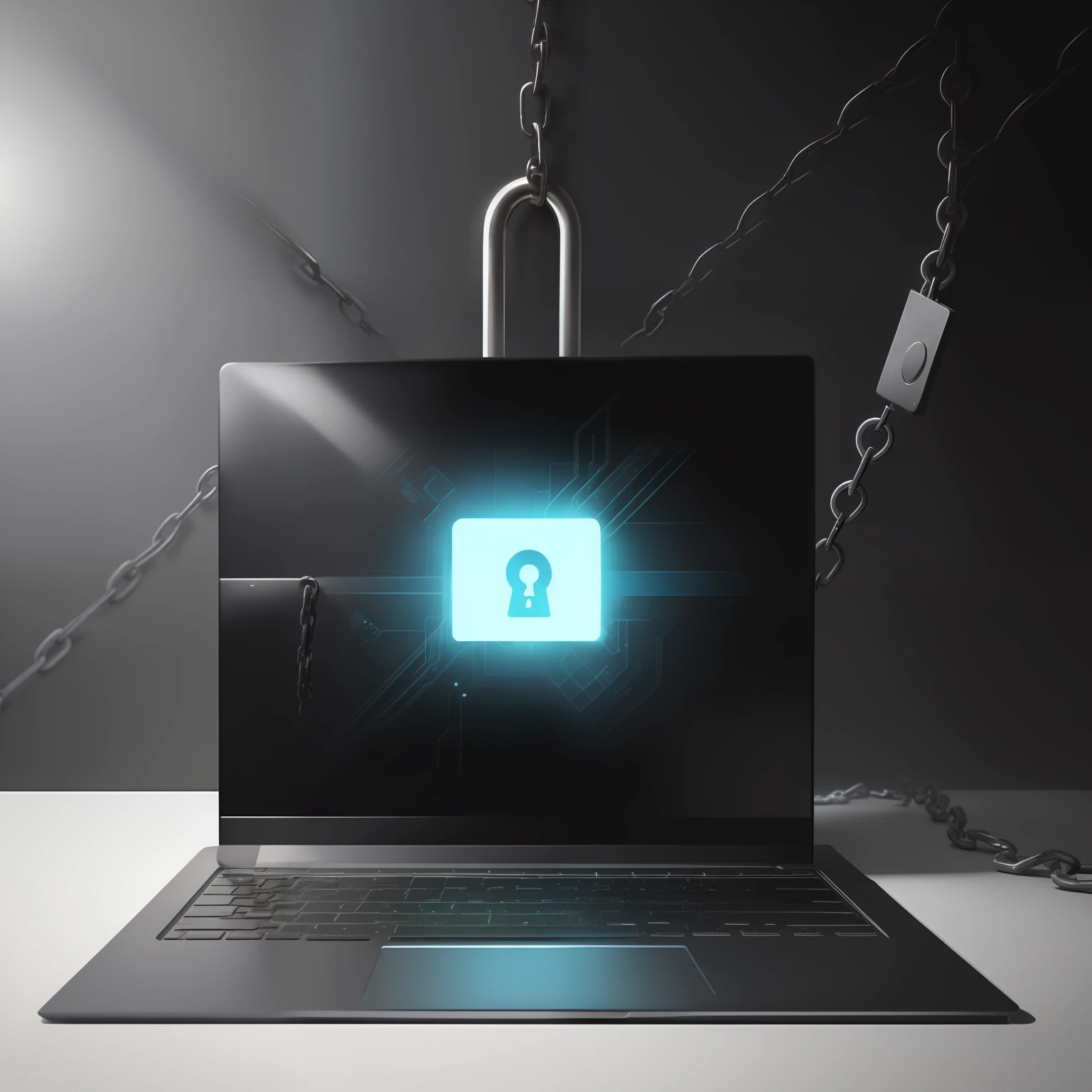 Hackers trying to steal data from a laptop, laptop is tied with chains and a lock, data privacy, data security