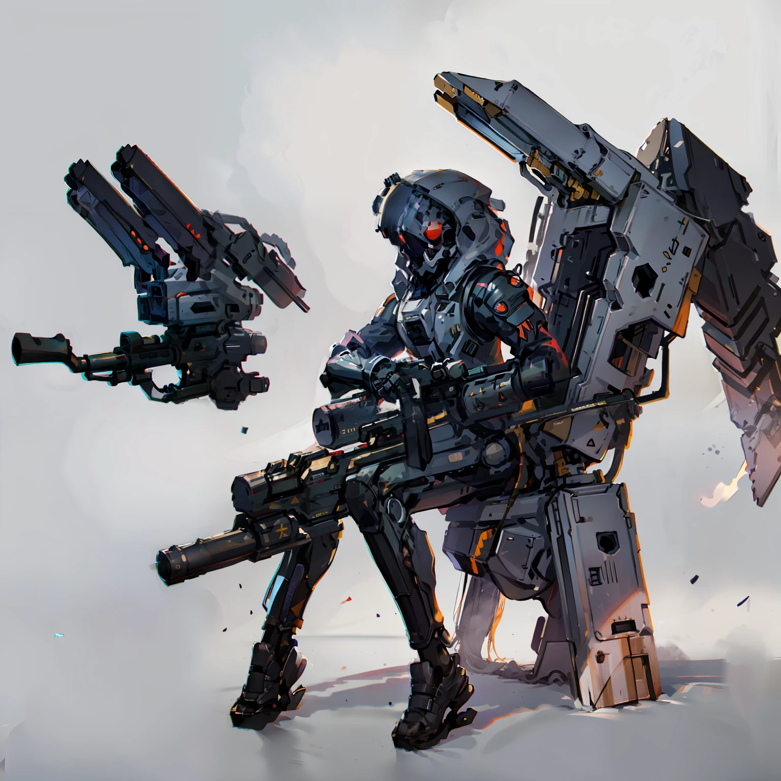Full body shot, No background, White background, bazooka, rocket launcher, machine gun, Black spacesuit, Laugh, skull head, A sexy, Sitting on the ground, captain