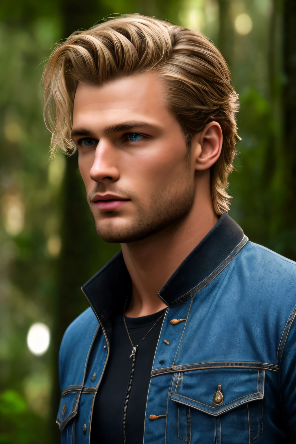 8k resolution, 25 years old model, European German male, blue eyes, hair and blond hair. forest background, not a portrait. HD 4K face detail handsome handsome man with short blonde hair and piercing blue eyes. he was tall and muscular, with broad shoulders and a strong, athletic build. He had a quiet confidence about him and a calm, assured demeanor that made him look like he could handle any situation. Your wet clothes, wet hair. Standing in a jungle of giant trees and lots of vegetation. hyperdetailed. photorealistic. high quality.8k
