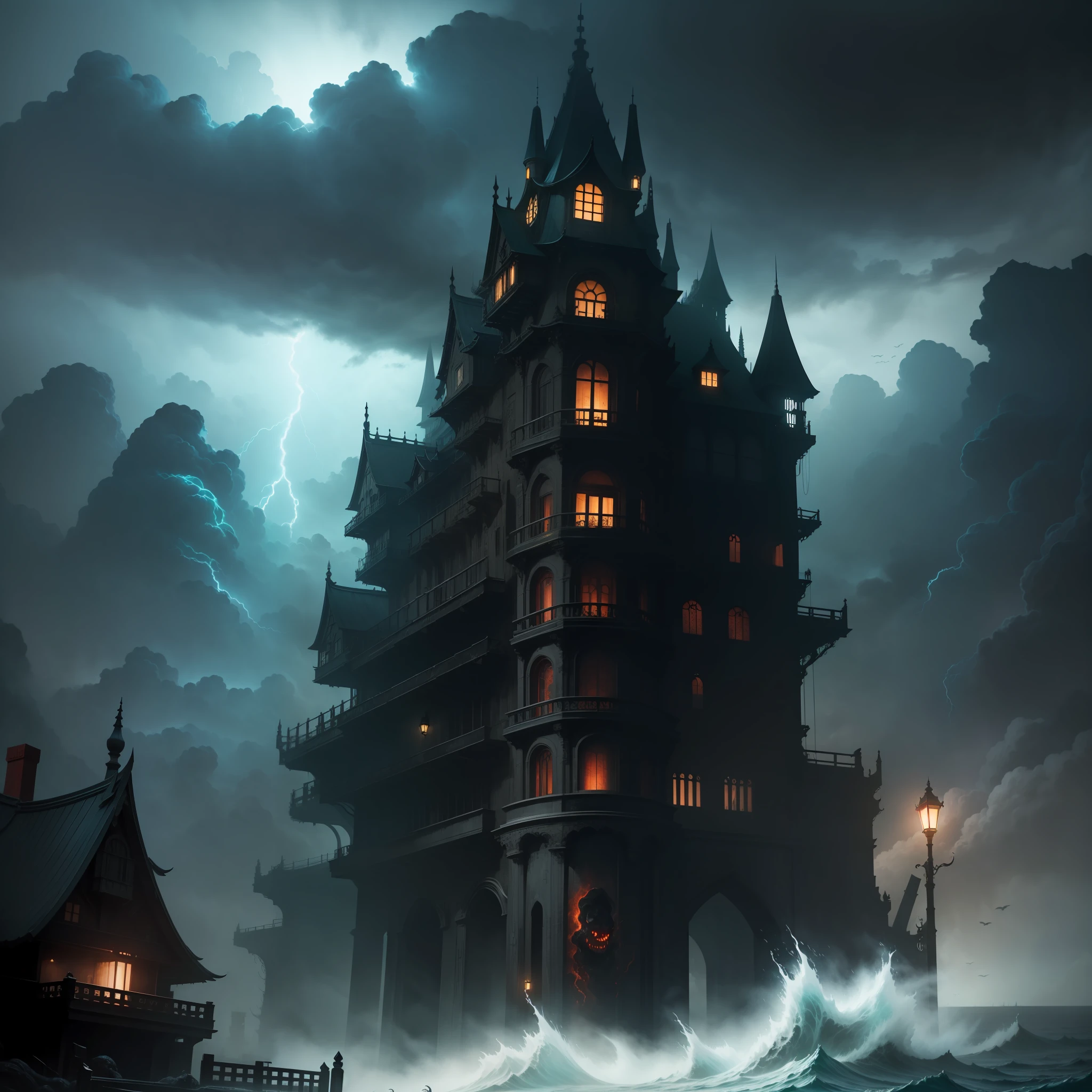 Monsters oppress the city,Covered with dark clouds，Lightning surrounds，And exudes an aura of terror。Terrifying creatures from the unknown appear in the dark ocean，With endless fury and power。Tense atmosphere，Twisted architecture，Cluttered vegetation and broken human hideouts enhance the horror effect。People in black robes tried to resist，But the power seems insignificant.........................................