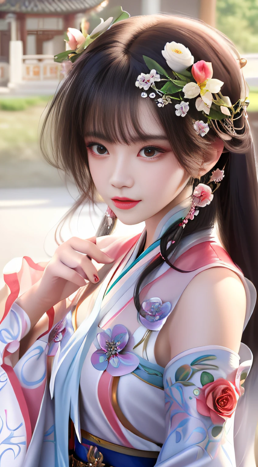 a close up of a woman in a dress and a flower crown, Guviz-style artwork, Guviz, Palace , A girl in Hanfu, trending on cgstation, Chinese girl, IG model | Art germ, trending at cgstation, Inspired by Lan Ying, ((a beautiful fantasy empress)), By Leng Mei, Hanfu