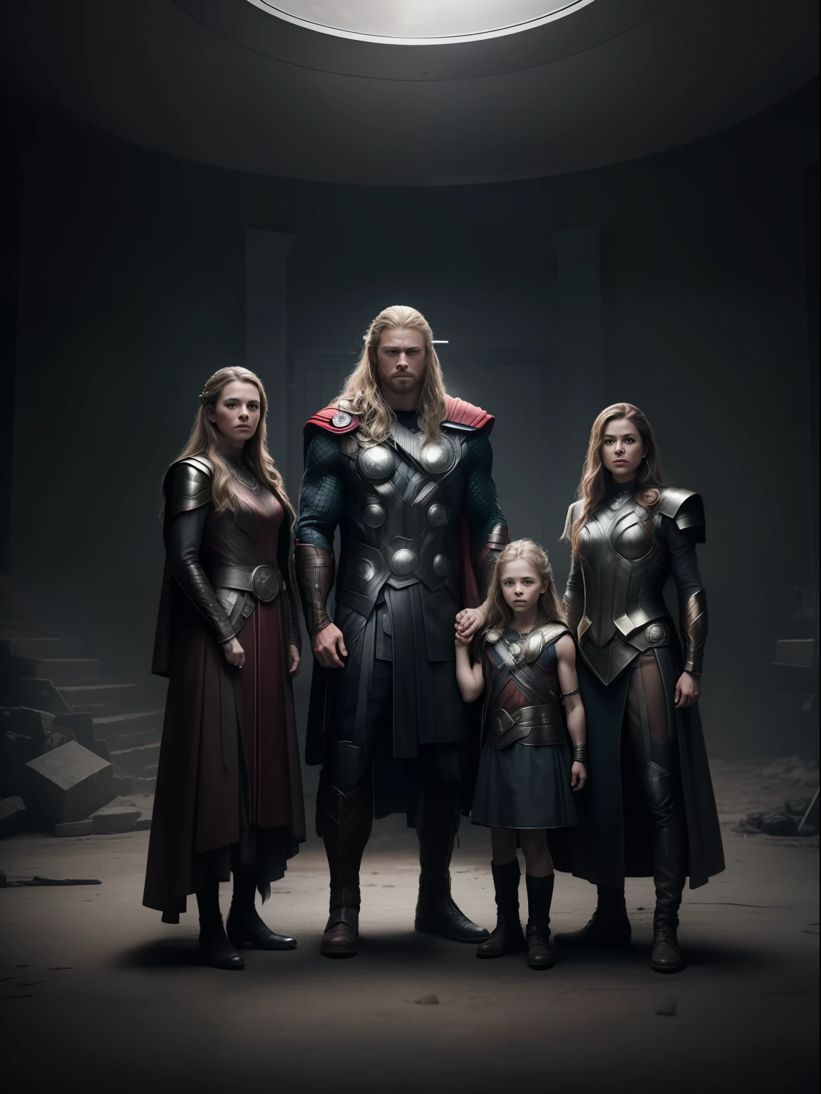 A dramatic picture of thor, his wife and their 2 childrens, photo studio style, center, rendered in a cinematic style with extreme realism and detail, full body shot