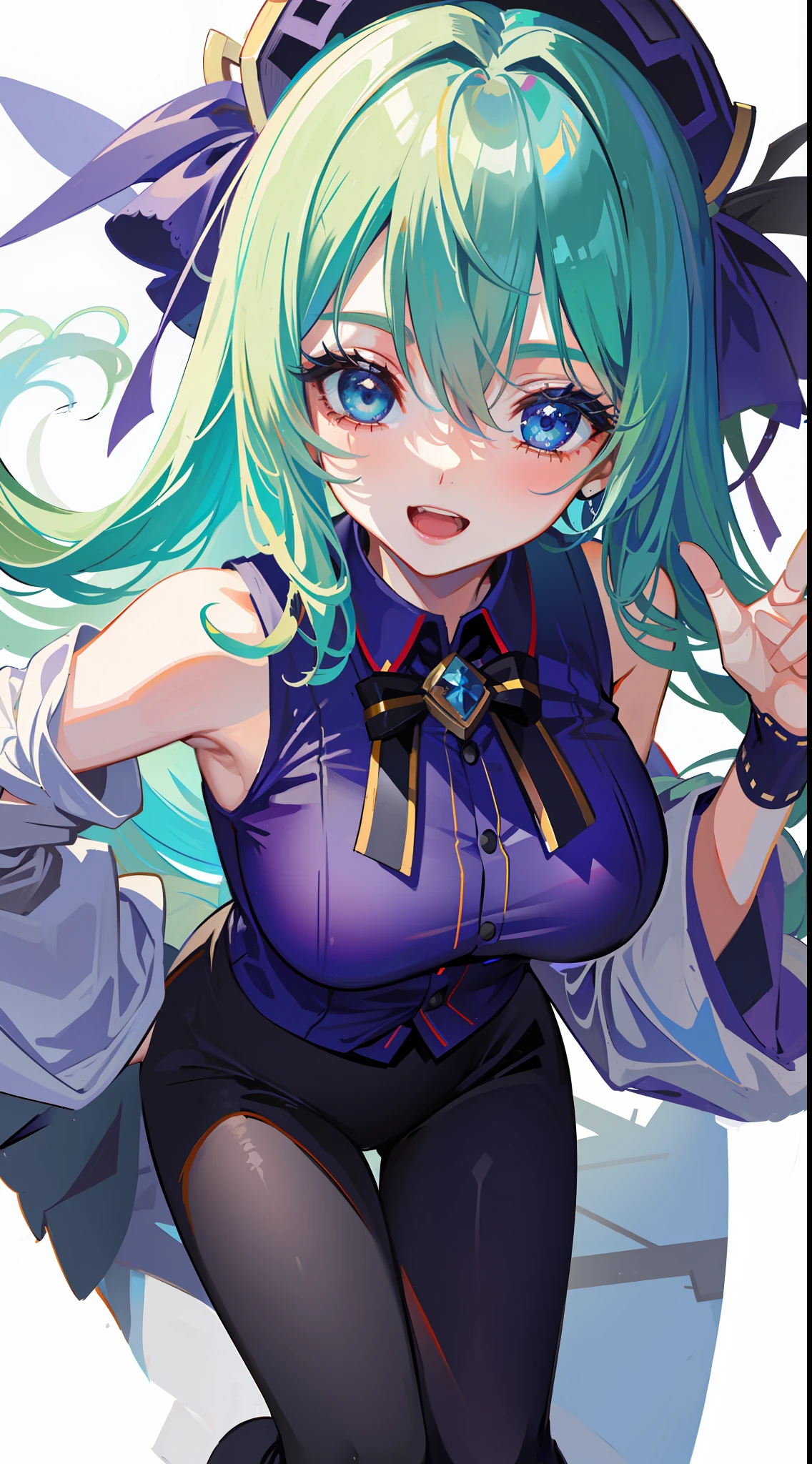(From above:1.6), (view the viewer:1.2), (Leaning, Leaning forward:1.5), (anime big breast, Drawn), (Older woman:1.2), Blue eyes, Masterpiece, Best quality, (Face portrait:1.3), (Close-up:1.25), shiki eiki, 1girll, Solo, (Smile:1.2), (cheerfulness:1.2), (Open mouth:0.95), Hat, White background, Short green hair, blue tanktop, White shirt, Black shirt, red bow ojou-sama pose,Height 155cm