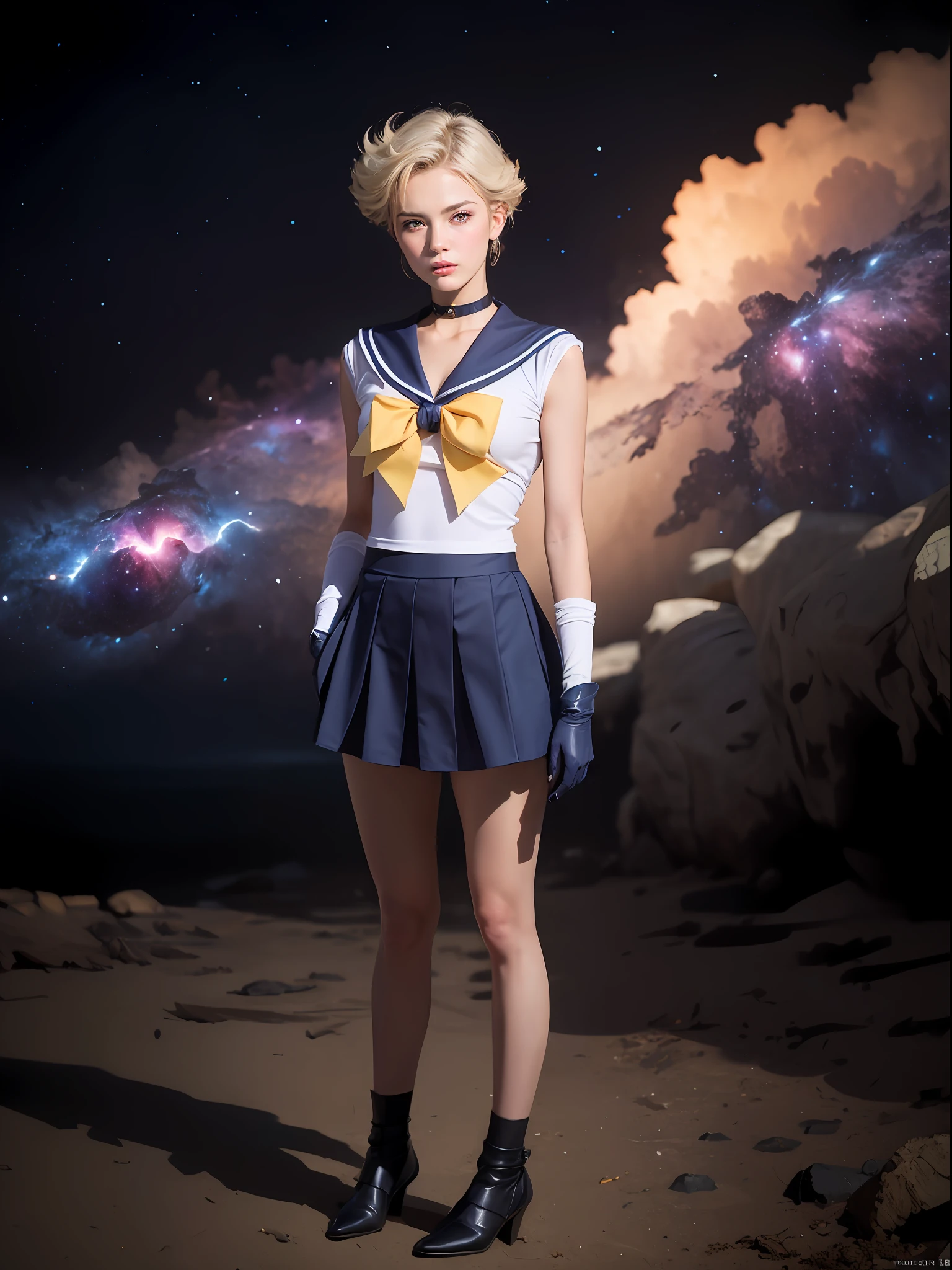 (masterpiece, best quality:1.4), (nebula background), (full body:1.5), (standing:1.5), 1girl, solo, (european youth:1), sailor uranus, mature woman, medium breasts, aqua eyes, blonde hair, sailor senshi uniform, sailor collar, chest bow, back bow, plead skirt, white elbow gloves, beautiful face, highly detailed face, highly detailed eyes, highly detailed skin, skin pores, subsurface scattering, realistic pupils, full face blush, full lips, detailed background, depth of field, volumetric lighting, sharp focus, absurdres, realistic proportions, good anatomy, (realistic, hyperrealistic:1.4), 16k hdr,