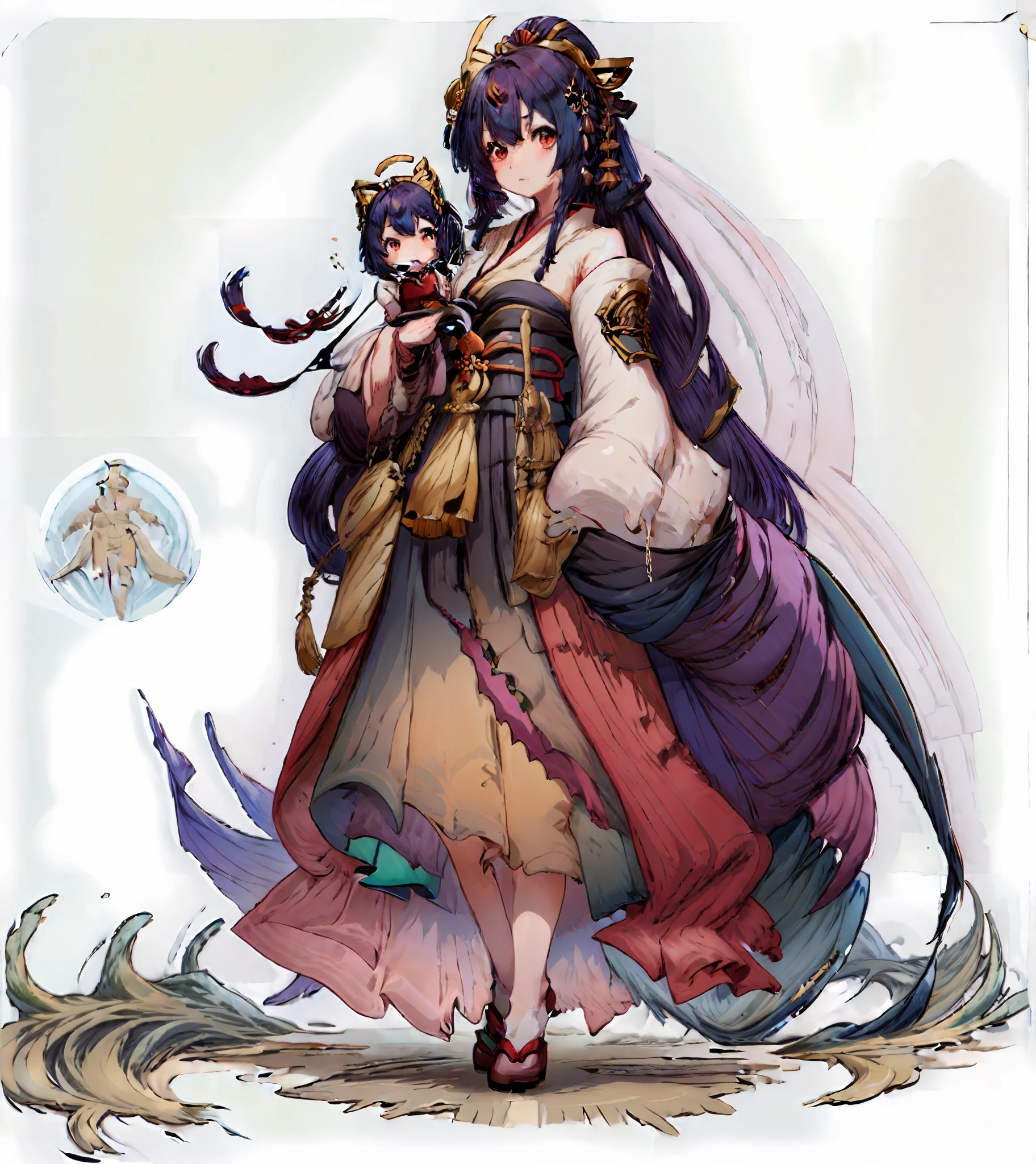 1人, reference sheet, (Fantasy character design, Front, back, Side) girl, kimono, japanese goddess