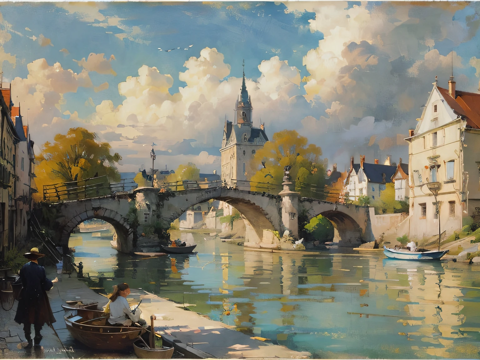 painting of a river with a bridge and a building in the background, by Pieter Franciscus Dierckx, by Carl Frederik von Breda, by Frits Thaulow, by Henri Harpignies, by Luigi Kasimir, by Eugène Brands, by Henri Biva, by Adolf Schrödter, by Ernest Biéler