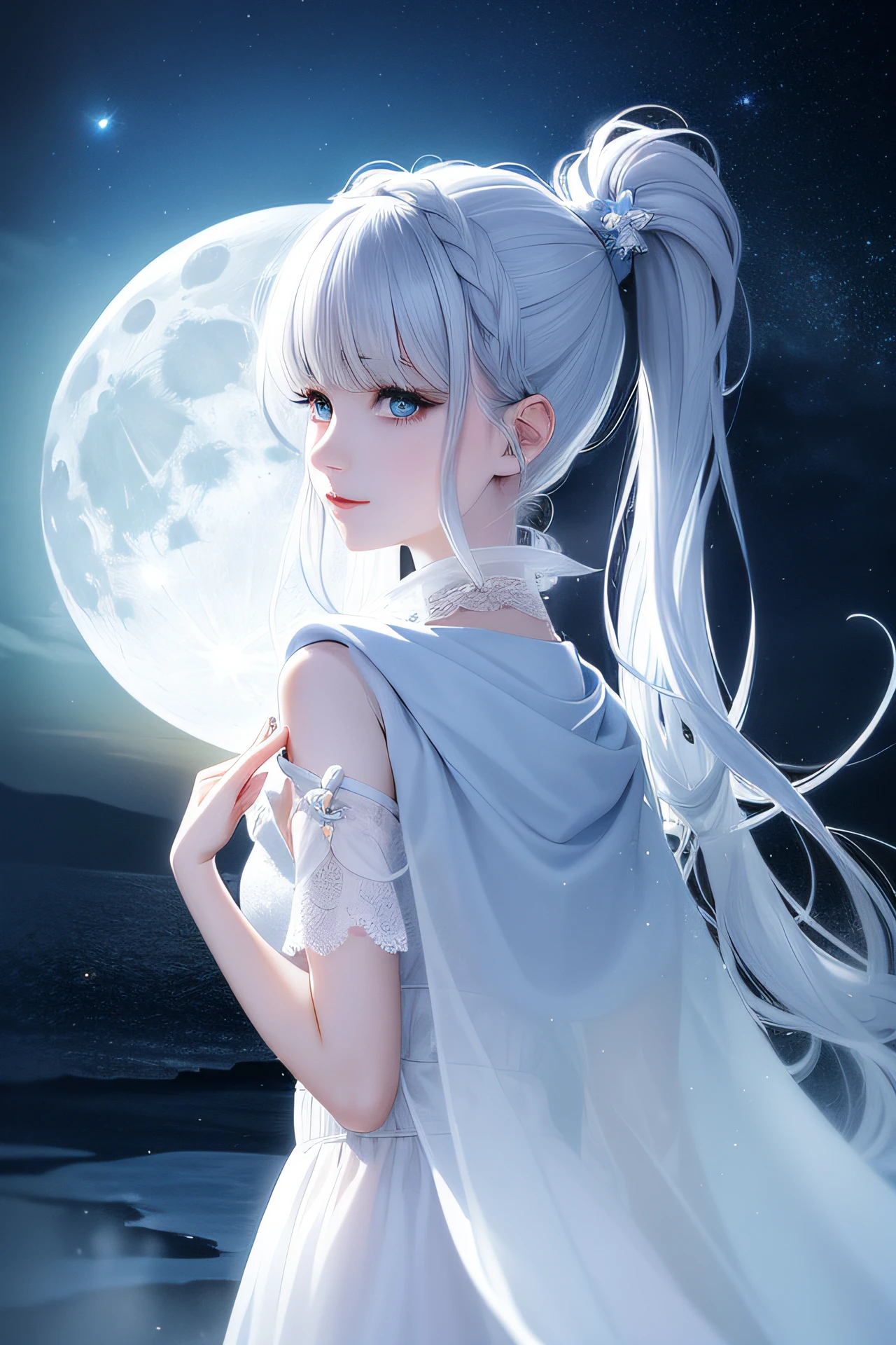 Masterpiece, (Best Quality: 1.2), (Super Fine: 1.2), Illustration, (Extremely Delicate and Beautiful: 1.2), Film Angle, Floating, (Beautiful Detail Eye: 1.1), (Detail Light: 1.1), Film Lights, Delicate Sky, Woman, White Hair, Blue Eyes, (High Ponytail: 1.1), Cloak, Glowing Eyes, (Moon: 1.2), (Moonlight: 1.1), Starry Sky, (Light Particles: 1.1), Fog , snow painting, sketching, blooming
