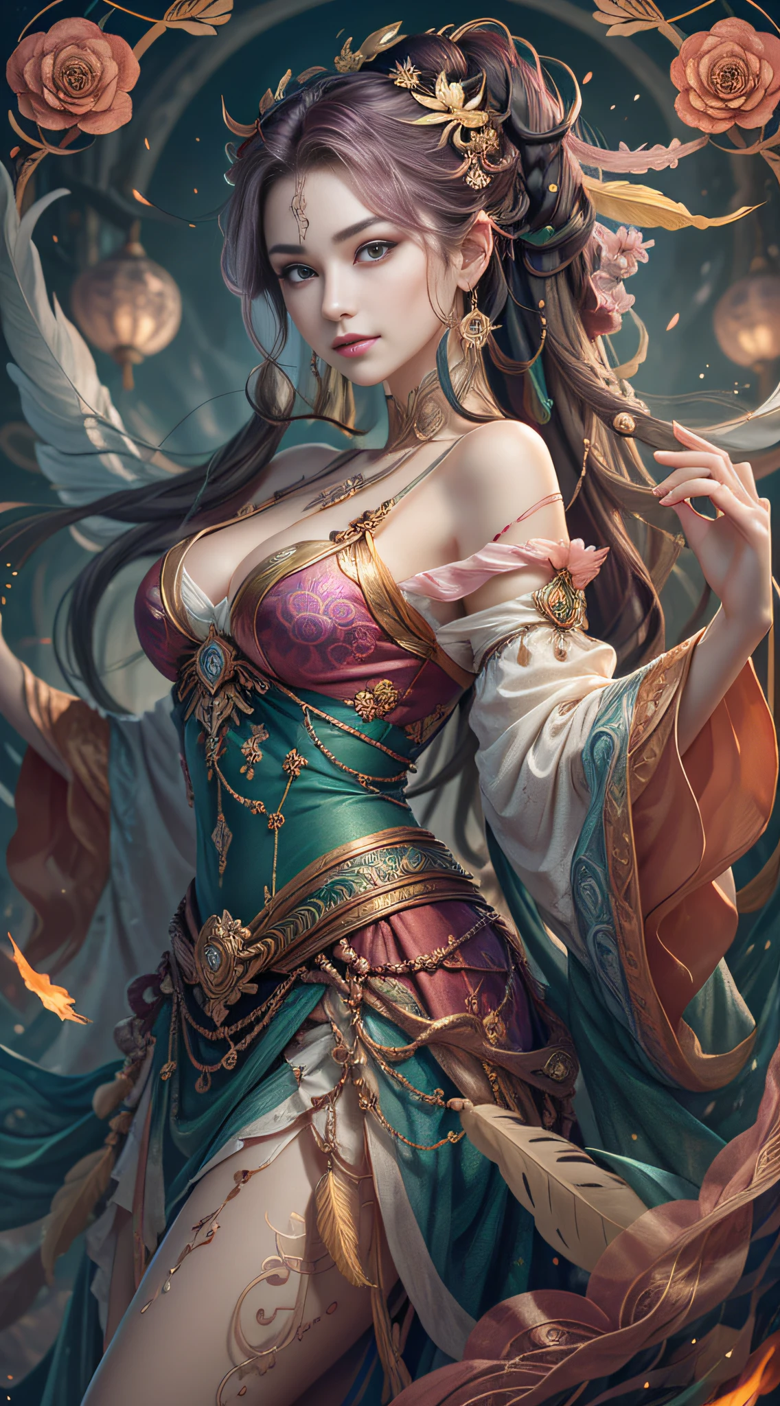 Er Jie, a girl with a smooth and dynamic posture, wearing a loose and flowing pink dress, with a mysterious expression and curly black pink hair, [Zhang Ziyi|Aishwarya Rai], bold and colorful abstract art in a modern and abstract environment, blurred background, bright lights, official art, Unity 8k wallpaper, (zentangle, mandala, tangled, tangled), intricate clothes, mid-style (whole body, from all directions, masterpiece, top quality, best quality, official art, Beauty and aesthetics: 1.2), very detailed, (fractal art: 1.1), (color: 1.1) (flowers: 1.3), highest detail, (zentangle: 1.2), (dynamic pose), (abstract background: 1.3), (shiny skin), (multiple colors: 1.4), (feathers: 1.5), dynamic angle, most beautiful chaotic forms, elegant, fauvist design, bright colors, romanticism, dark style beautiful princess of the underworld spooky bad smile complex tattoos Anime 3D Art Style 3D Dark Night Deep Black Sky Horror ((Cold Complex Skull Accessories )) (Guvez style artwork) ((Black Chinese-style underground palace with huge complex structure in background)) Leica lens Depth of field (Masterpiece, top quality, best quality, official art, Beauty and Aesthetics: 1.2), (1girl: 1.3), (Fractal Art: 1.3) (Masterpiece, Top Quality, Best Quality, Official Art, Beauty and Aesthetics: 1.2), (1girl), Extreme Detail, Colorful, Highest Detail, Official Art, Unified 8k Wallpaper, Ultra Detailed, Beautiful and Aesthetic, Beautiful, Masterpiece, Best Quality, (Zentangle, Mandala, Tangled, Entangle), Holy Light, Gold Leaf, Gold Foil Art, Glitter Drawing, PerfectNwsjMajic M Desfi masterpiece, the best quality, hair becomes fire, hair is on fire, fantasy, (Ray: 1.05), Orange Light Particles, Landscape, Fire, Beautiful and Detailed Explosion, Beautiful Detailed Glow, Flame Burning Around, Flame Burning Around, Fire Feather, Burning, (Burning Forest: 1.34), (Bare Trees: 1.05), Ash, (Red Sun: 1.05), (Flame Around Character: 1.1), Solo, Crazy Smile, (Detail: 1.05), High Resolution Illustration, Radiant Skin, Colorful, (Ultra Fine: 1.1), (Illustration: 1.05), (Detail Light: 1.05), (Extremely Delicate Beauty: 1.1), Beautiful Detail Girl, Depth of Field, white_long_hair, orange_eyes, eyelashes, dark eyelashes, eyeliner, soft glowing eyes, (masterpiece, top quality, best quality, official art, beauty and aesthetics: 1.2), (1girl: 1.3), very detailed, (fractal art: 1.1), (color: 1.1) (flowers: 1.3), most detailed, (zentangle: 1.2), (dynamic pose), ( abstract background:1.3), (shiny skin), (many colors:1.4), ,(earrings), (feathers:1.5), (flamethrower:1.3), red background, phoenix skirt, (masterpiece, top quality, best quality, official art, Beauty and Aesthetics: 1.2), (1girl: 1.3), (fractal art: 1.3), Masterpiece, (Best quality: 1.2), (Ultra Fine: 1.2), Illustration, (Extremely delicate and beautiful: 1.2), Cinematic angle, floating, (Beautiful detail eyes: 1.1), (Detail light: 1.1), Cinematic lighting, exquisite sky, woman, white hair, blue eyes, (high ponytail: 1.1), cape, glowing eyes, (moon: 1.2), (moonlight: 1.1), starry sky, (light particles: 1.1), fog, snow painting, sketching, blooming,anime girl in white dress with flowing hair and stars, Guvez style artwork, fantasy art style, beautiful digital artwork, beautiful character painting, Yang J, beautiful digital illustration, stunning digital illustration, 8k high quality detail art, li song, guvitz, digital fantasy art), beautiful fantasy art, trending on cgstation, (masterpiece, top quality, best, official art, beautiful and aesthetic, Long exposure: 1.2), smooth movement, charming pattern, 1 girl, (long skirt with sleeves: 1.3), upper body close-up, no shoulders, chinese girl, blush, black lob hair, portrait, solo, upper body, gaze observer, detailed background, detailed face, (crystallineAI, crystalline theme:1.1), elemental wood sprite, rotating leaves, controlling leaves, emerald clothes, dynamic pose, floating particles, Ethereal Power, Leaves, Steam, Forest in Background, Green Tones, Forest, Ethereal Atmosphere, Official Art, Unified 8k Wallpaper, Ultra Detailed, Beautiful and Aesthetic, Masterpiece, Best Quality, (Zentangle, Mandala, Tangled, Entangled), (Fractal Art: 1.3), 1girl, Very Detailed, Dynamic Angle, Cowboyshot, Most Beautiful Forms Chaotic, Elegant, Fauvist Design, Bright Colors, Romanticism, James Jean, Robbie Devi Antono, Ross Tran, Francis Bacon, Michal Mraz, Adrian Ganey, Petra Cortwright, Gerhard Richter, Takashi Yamamoto, Ashley Wood, atmospheric, ecstatic notes, flow notes visible, -V6 --q2 ---s750