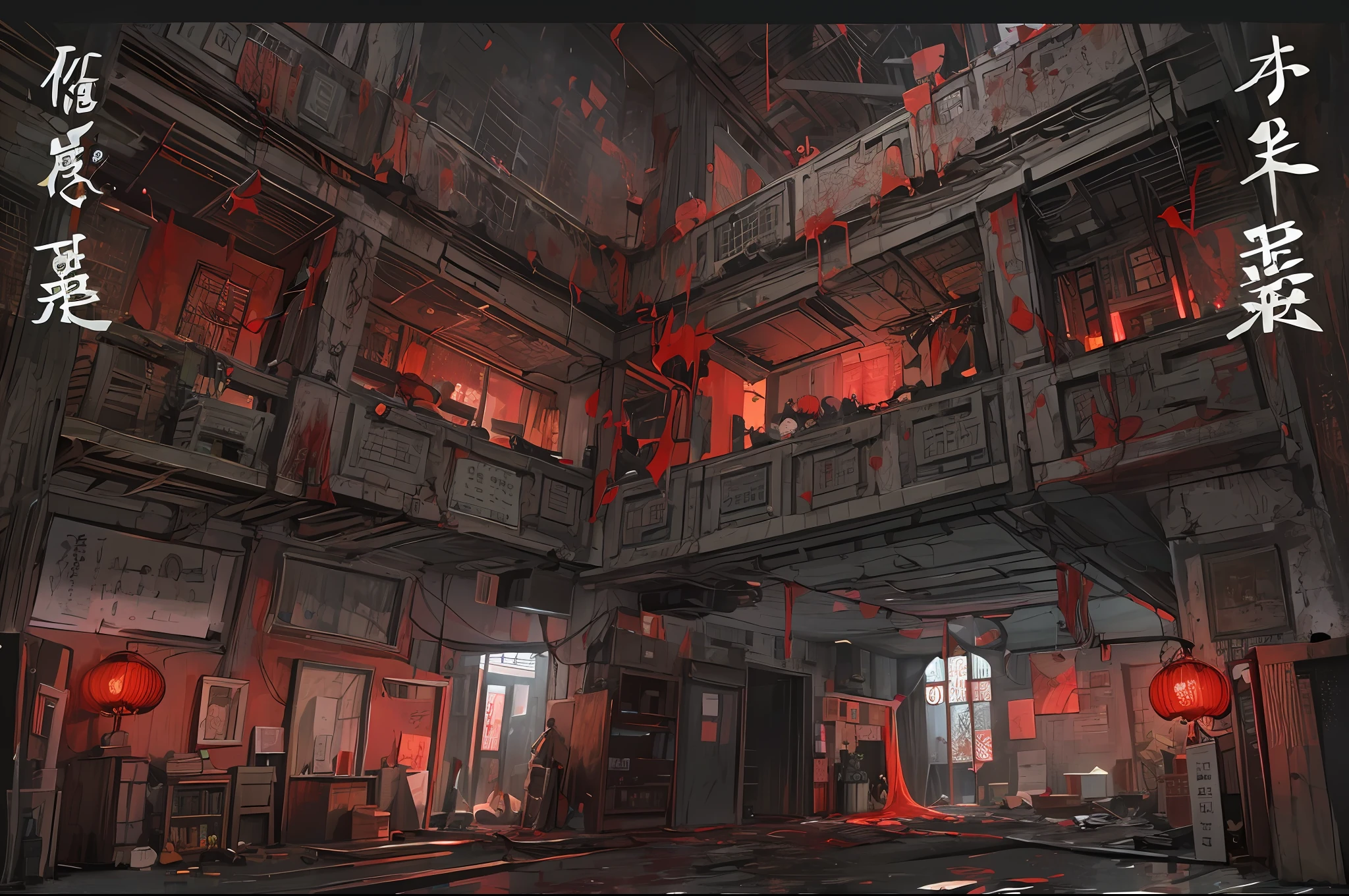 （（Section view of the interior of the four-story building）），（unmanned），（Multiple dilapidated rooms are neatly arranged），Chinese horror style（Red wedding dress、Paper Man、Red lanterns、BUDDHA STATUE、Blood stains），（Ghastly，dreariness，Blood），（Mysterious black fog），（Dilapidated），Absurdity，Abyss，High detail,（Conceptual digital art，The is very detailed，reasonable design，Clear lines，k hd，The best quality，tmasterpiece，超高分辨率，4K）