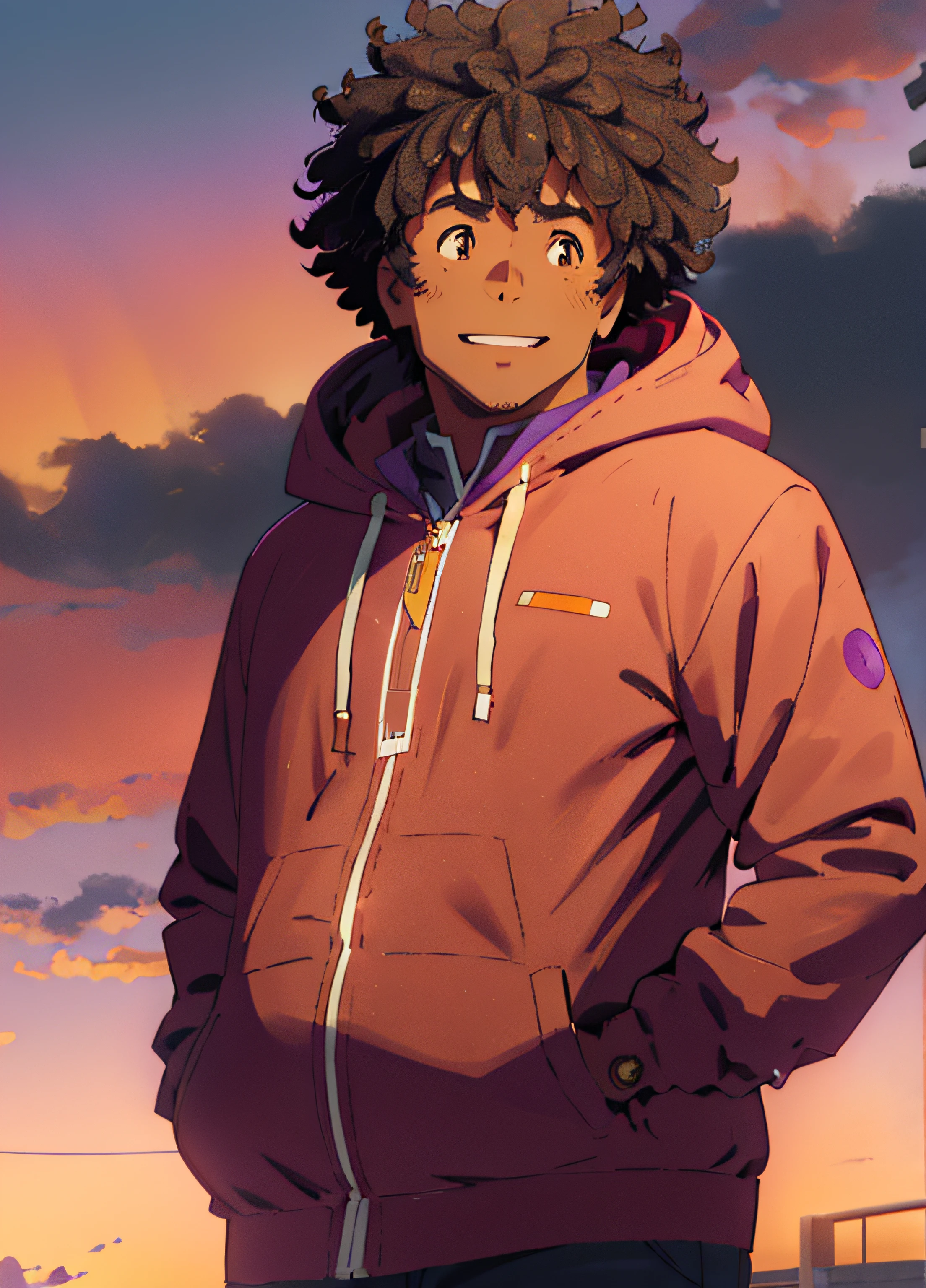 shinkai makoto, kimi no na wa., tachibana taki, 1boy, brown eyes, black afro hair , purple pink orange sky, white shirt, short sleeves, denim jacket, male focus, smile, solo, chubby, not so fat, chubby cheeks, crossing arms, black skin, darker skin, brown skin south east asia, looking at camera