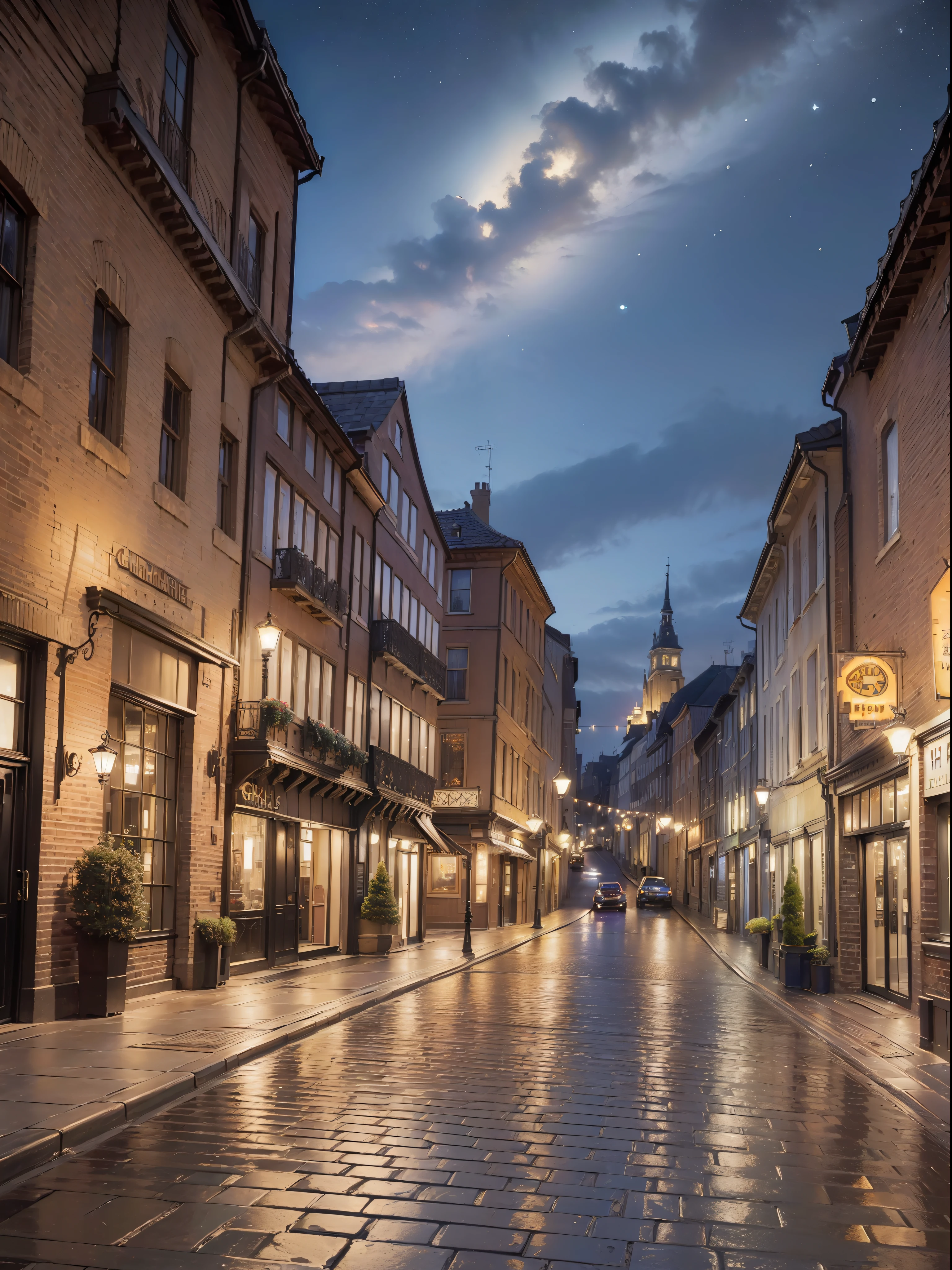 (((hight resolution)))、(in 8K)、 (((ighly detailed)))、(top-quality、masterpiece:1.3)、((sharpnes))、ciinematic light、Retro cityscape of Europe、antique、The car is running、cobblestone road、nightcity、dark sky