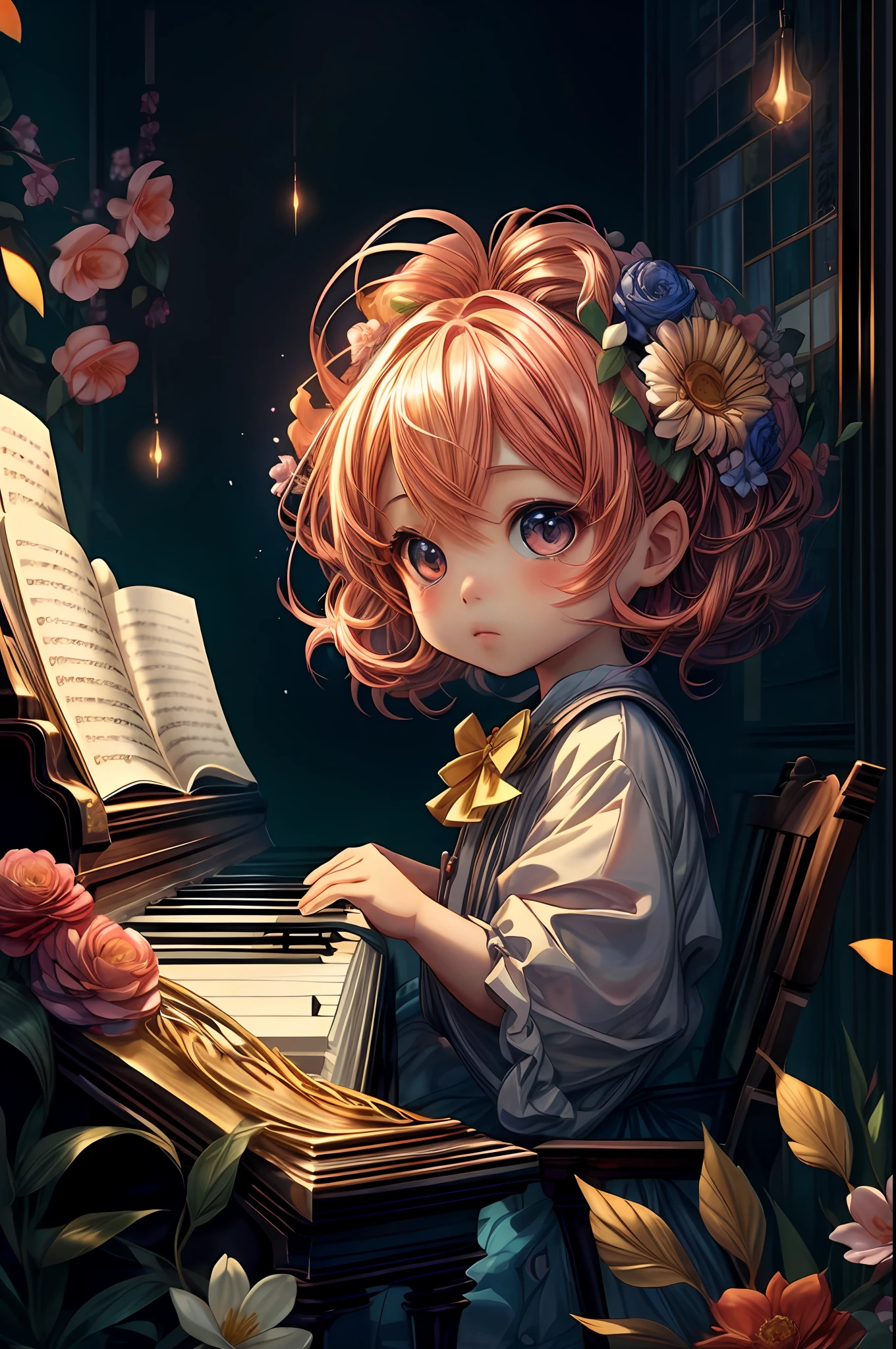 "Capture the essence of a beautiful and realistic piano scene with vibrant flowers and an adorable Chibi character. Showcase the explosion of artistic creativity in this yang08k photography masterpiece. Ensure it is of top quality and official art standard, while also being visually stunning and aesthetically pleasing."