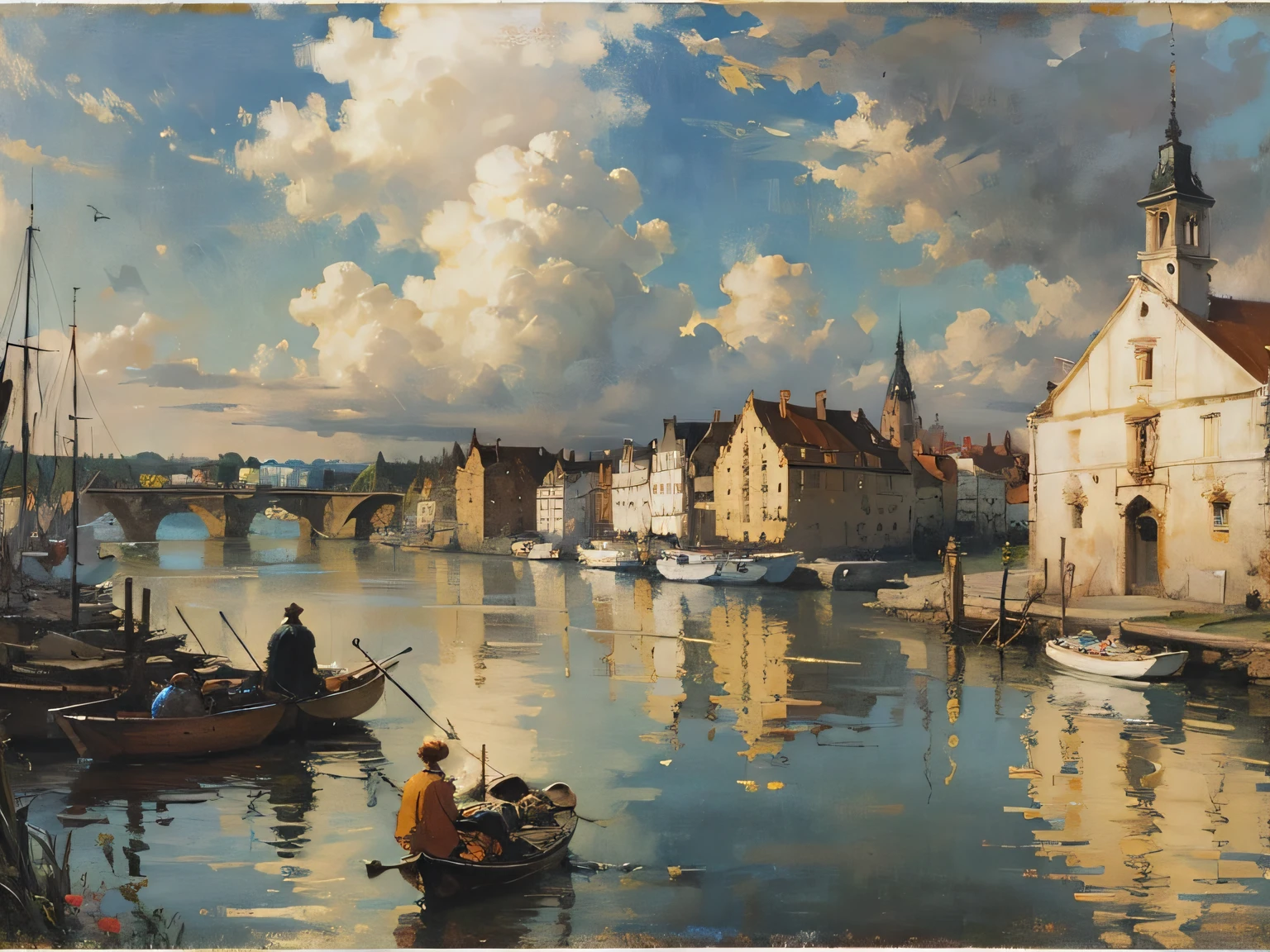 painting of a river with a bridge and a building in the background, by Pieter Franciscus Dierckx, by Carl Frederik von Breda, by Frits Thaulow, by Henri Harpignies, by Luigi Kasimir, by Eugène Brands, by Henri Biva, by Adolf Schrödter, by Ernest Biéler