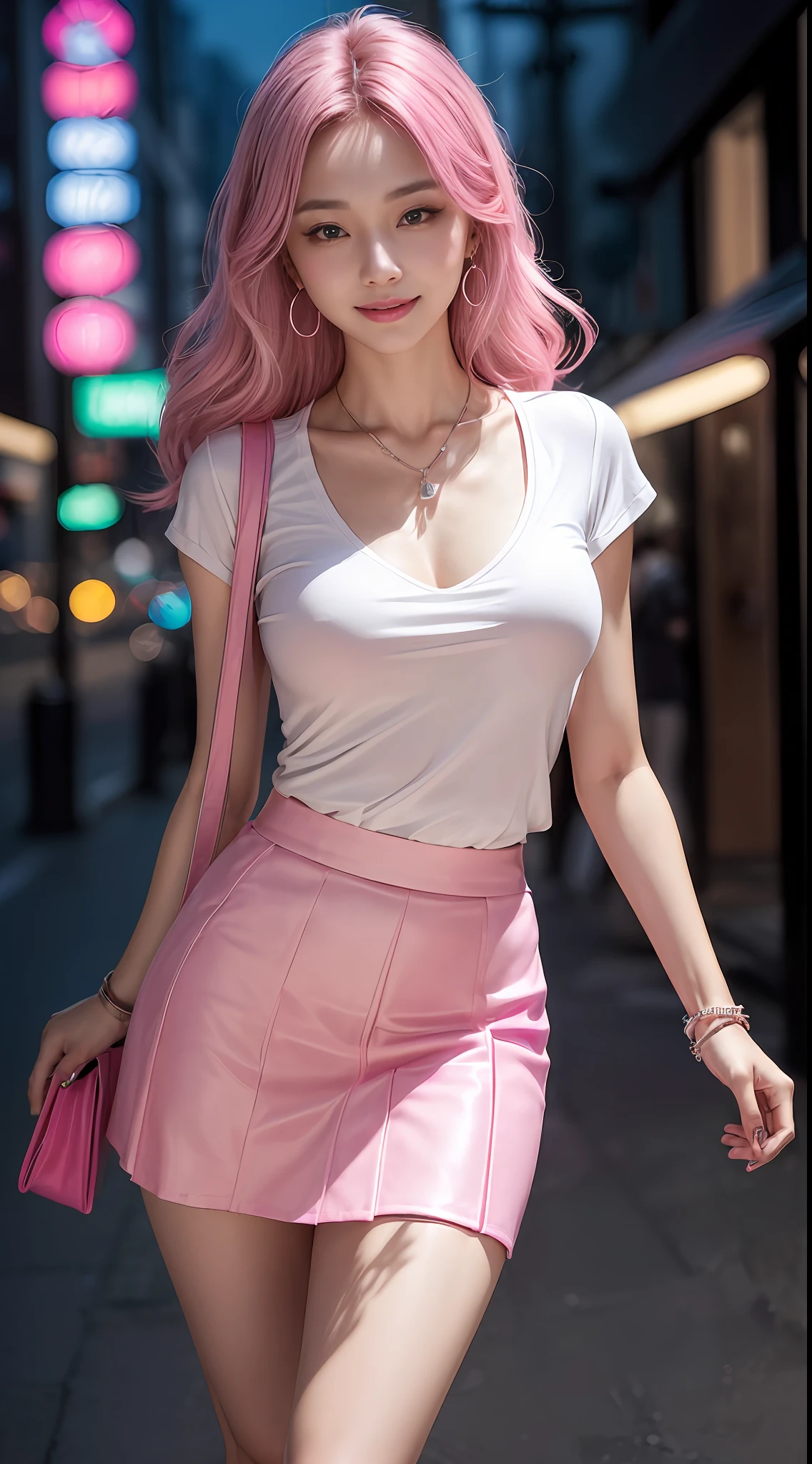 8k, masterpiece, RAW photo, best quality, photorealistic, extremely detailed CG unity 8k wallpaper, Depth of field, Cinematic Light, Lens Flare, Ray tracing, (extremely beautiful face, beautiful lips, beautiful eyes), intricate detail face, ((ultra detailed skin)) 1girl, in the dark, deep shadow, pretty korean girl, kpop idol,(very slim slender fit-muscled body:1.3), ((looking at viewer)),(big smile:1.3), (night, (neon sign), (blurry background), midnight, (without people in the background:1.3), pretty korean girl, white diamond earrings, bracelets, necklace, pantyhose, clear eyes, walking , front shot, (pale skin), face forward, (big eyes), full body shot, (see through blouse), (pink color blouse), ((hot pink color skirt :1.3)), (looking at viewer:1.3), very slim, medium breasts, Hermes bag