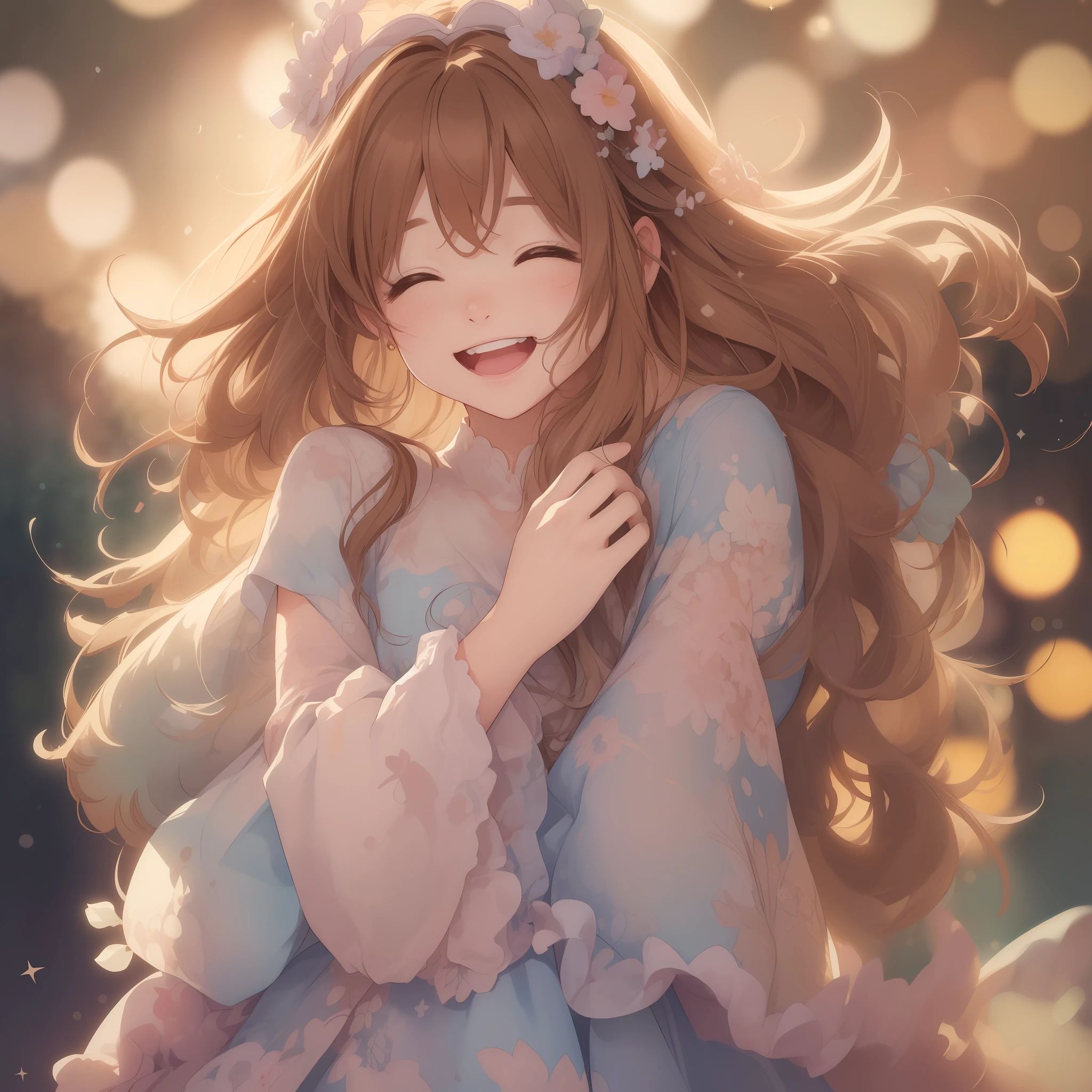 The ultra -The high-definition、Detailed writing、watercolor paiting、Pale shades、(Expressing joy with the whole body:1.7)、Brown hair long hair、A little quirky hair、Very cute woman、emotional、Halation、(Bokeh:1.5)、tshirts、JINS、