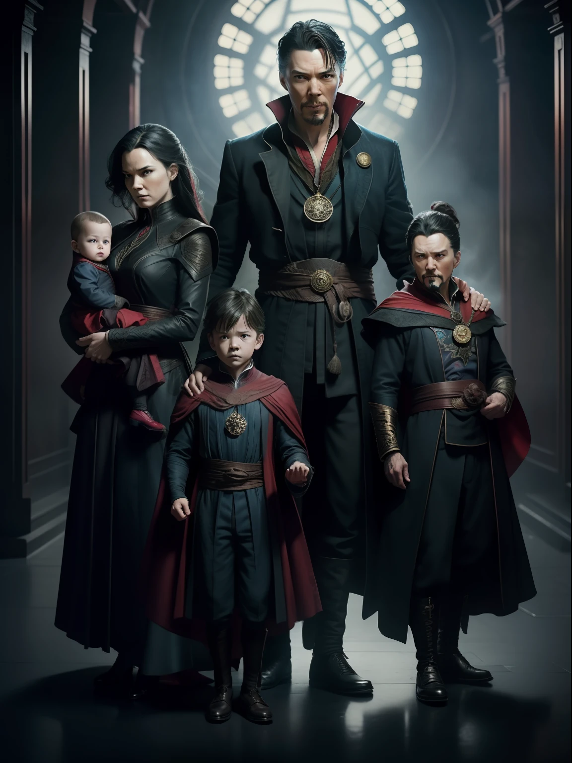 A dramatic picture of dr. Strange, his wife and their 2 childrens, photo studio style, center, rendered in a cinematic style with extreme realism and detail, full body shot