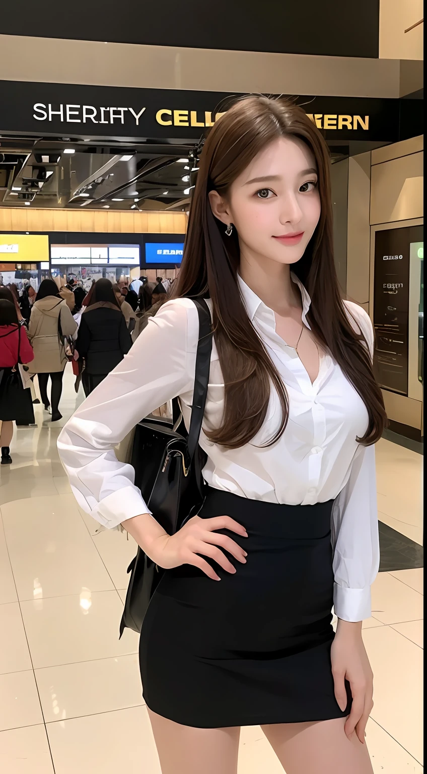 ((best qualtiy,8k,tmasterpiece:1.3)), 1girll, ssmile, full bodyesbian, Slim Faces, Beautiful woman, (dark brown hair), Superskirt :1.1, Super detailed face, Detailed eyes, 二重まぶた, blur backgroun, Slim Faces, In large shopping malls,Next to the elevator