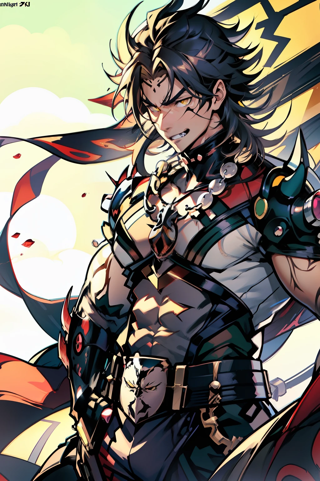 《the original god》Arataki Kazuto , male people，，((Masterpiece)), ((Best quality)), Ultra detailed,((illustration)), Dynamic Angle, Detailed light, (Delicate eyes), Floating, 1boy, Male focus, Head, Clothing, Yellow eyes, necklace, tattoo, (Forehead:0.8), (ahoge:0.8), jewelry, apathy，Ray， chest muscle， Sexy , Venom symbiote for your body, Black mucus of the body , （into venom）, Venom，frontage，style of anime4 K， 4K anime wallpaper， Badass anime 8 K， 4 k comic wallpaper， young anime man， Anime boys， Anime wallpapers 4 k， Anime wallpaper 4K， High quality anime art style， Anime moe art style， Anime art wallpaper 8 K， Anime art wallpaper 4 K， RGB lighting