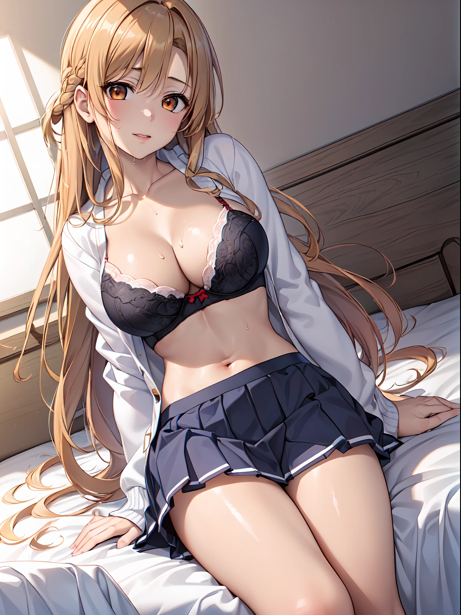 Official art,(Highly detailed CG Unity 8K:1.5),Perfect litthing,colourfull,Bright Front face Illuminating,(Skindentation),(Sleeping in bed:1.3),
(Master Pieces:1.5),(Best Quality:1.4), Super Hi-Vision, super detailing,upper view, Sweat,Seductive smile,
Photo Shot,hight resolution,(absurderes:1.2),Kodak Portra 400,film grains,Background blur,(lensflare:1.2)、(vivd colour:1.2),
(cowboys_shot:1.4),during daytime,Sunsight,(Asuna Yuki:1.5),(Black underwear),(Bewitching lace bra:1.3),(Skirt lift:1.3),showing   pantie,
(Orange Eyes:1.3),Parted bangs beautiful breasts、perspiring、length hair、(chestnut-colored hair,Maroon hair:1.5),(Solo:1.5),on the beds,(neat figure:1.5)
(a 1 girl:1.5),18year old,High school students,Beautiful Finger,beautiful long leg,Beautiful body,Beautiful nose,Beautiful character design,Perfect eyes,face perfect,a navel,Beautiful hair,Sweat,Animated,cleavage,bikini of, Bra, Panties, (Wet clothes,Bare legs,Exquisite cloth,beautifully detailed eyes,), (Portrait),(School uniform,Blazer,Cardigan,Jacket, Long sleeves, Dark blue pleated skirt, White shirt:1.5),
(lovly、Large breasts:1.5)、(Beautiful face:1.5)、(narrowwaist)、delicate patterns、intricate detailes、an anime girl、A seductive anime girl、beautiful alluring anime woman、Beautiful charming anime teen、Smooth Anime CG Art、Beautiful anime girl、charming anime girls、The best girls in anime、beautiful anime woman、oppai、Ecchi anime style、lascivious,Exquisite cloth,black brassiere、Highly detailed bra、Ren Hao、Lace-trimmed legwear、delicate patterns、intricate detailes、red blush、shinny skin、oestrus,(Black stockings:1.3),(Style image of woman wearing school clothes and showing black underwear:1.5)、A seductive anime girl、Small curved ****、Smooth Anime CG Art、beautiful alluring anime teen、photorealistic anime girl render、beautiful alluring anime woman、animesque,Soft lighting、Beautiful anime girl、charming anime girls、Perfect body with realistic shading、