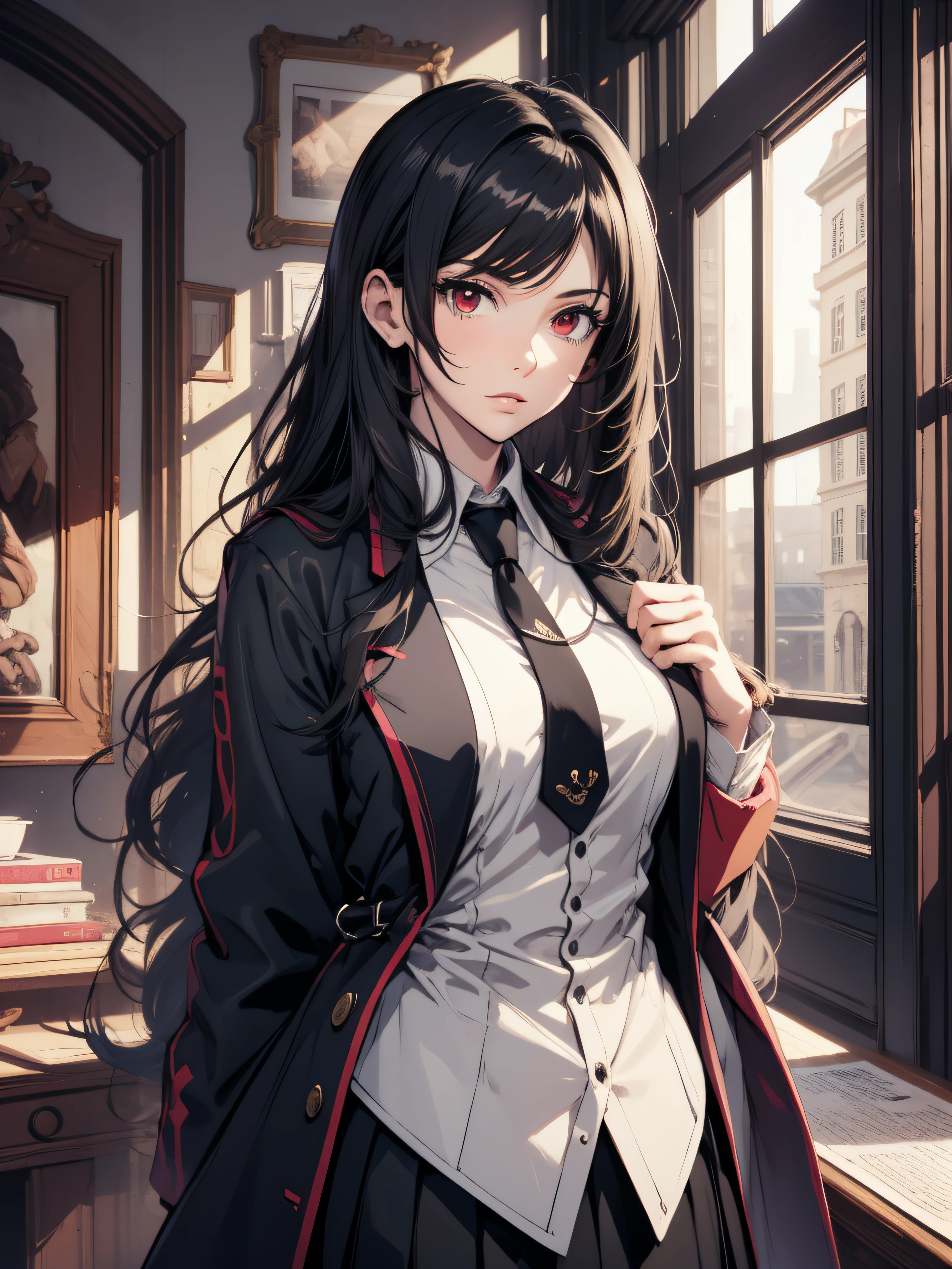 (best quality, masterpiece, ultra-detailed, extremely detailed, highres), (1girl, single, solo), 18 years old Anime girl, long raven hair, slightly wavy hair, parted bangs, Magus, red eyes, long black coat, necktie, white shirt, black skirt, aristocrat, noble attire, beautiful, ethereal, elegant, prestigious, classic, royal building