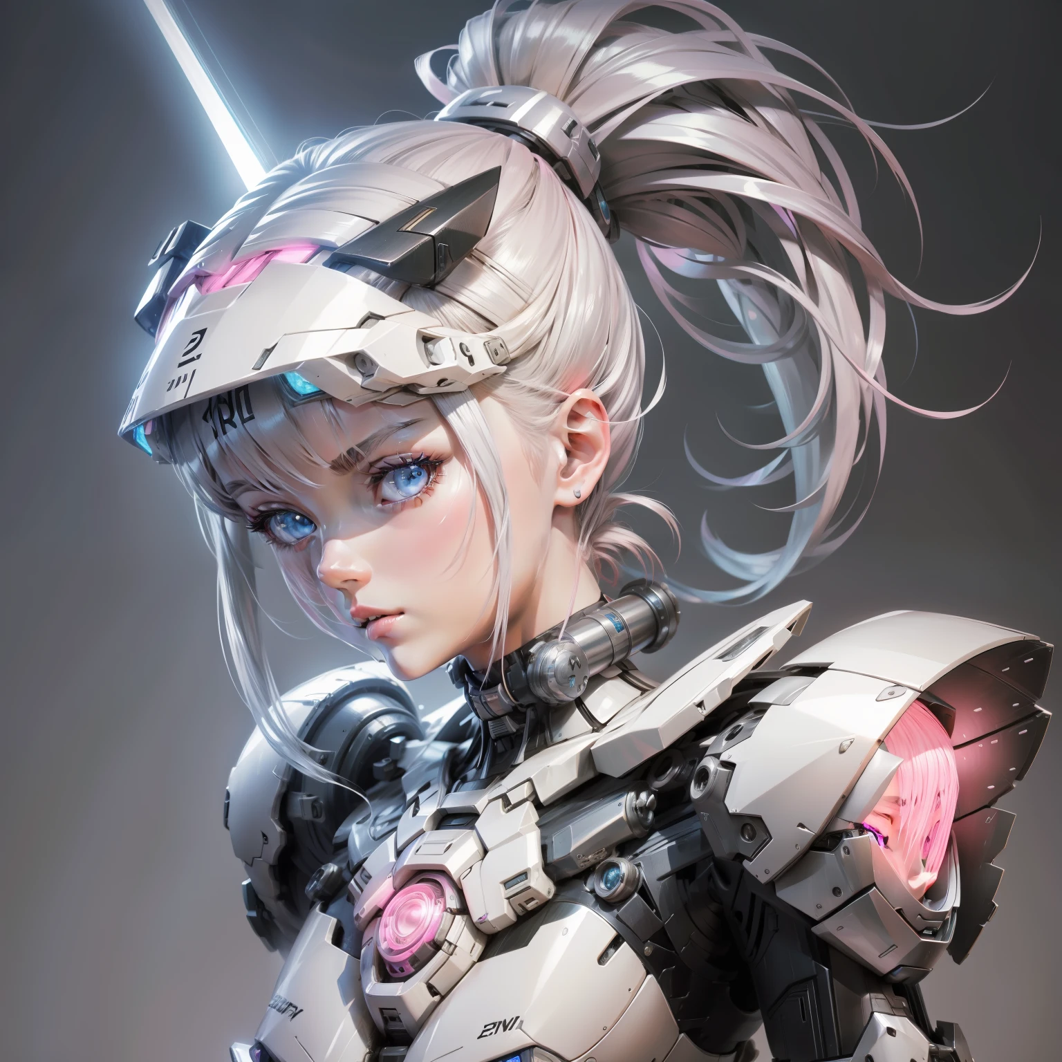 mecha-girl，Silver-white mech，Pink high double ponytail，eBlue eyes，Best quality,Anatomically correct，Background bokeh，Delicate drifting face，Bust，Up，Normal human proportions