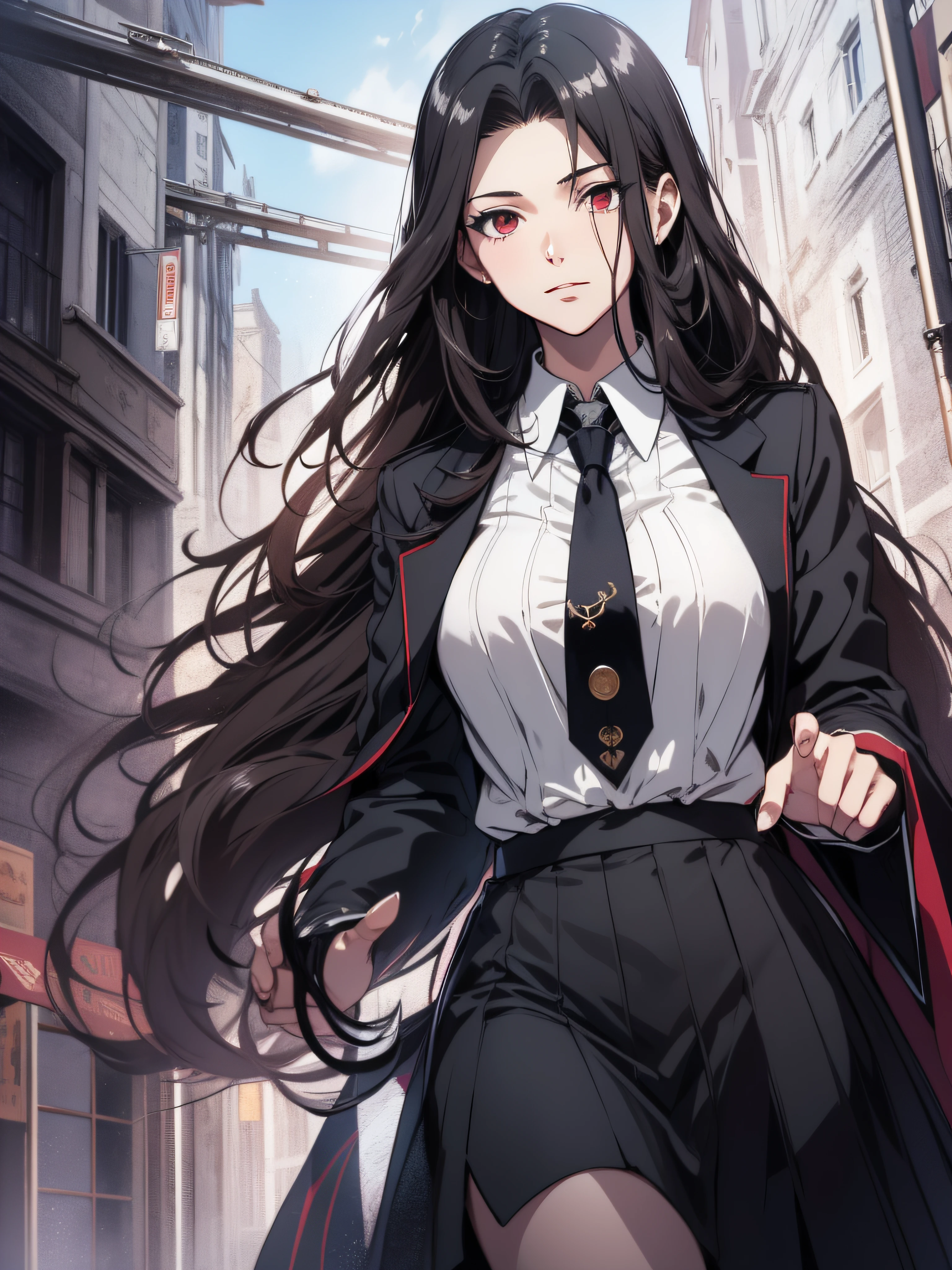 (best quality, masterpiece, ultra-detailed, extremely detailed, highres), (1girl, single, solo), 18 years old Anime girl, long raven hair, slightly wavy hair, parted bangs, Magus, red eyes, long black coat, necktie, white shirt, black skirt, aristocrat, noble attire, beautiful, ethereal, elegant, prestigious, classic, royal building